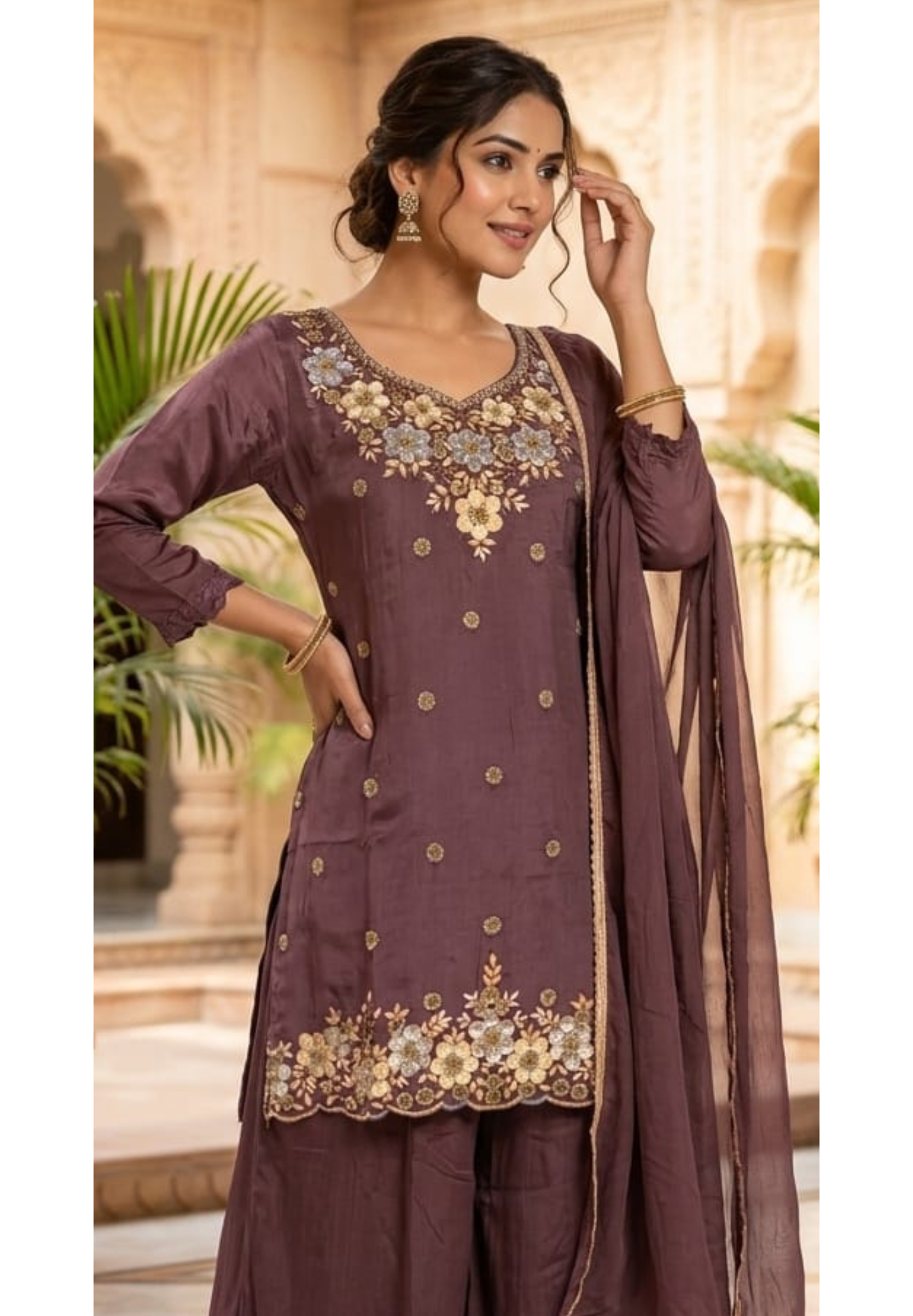 Premium Chinon Intricate Floral Embroidered Full Suit Set with Dupatta & Palazzo Bottom- 14012