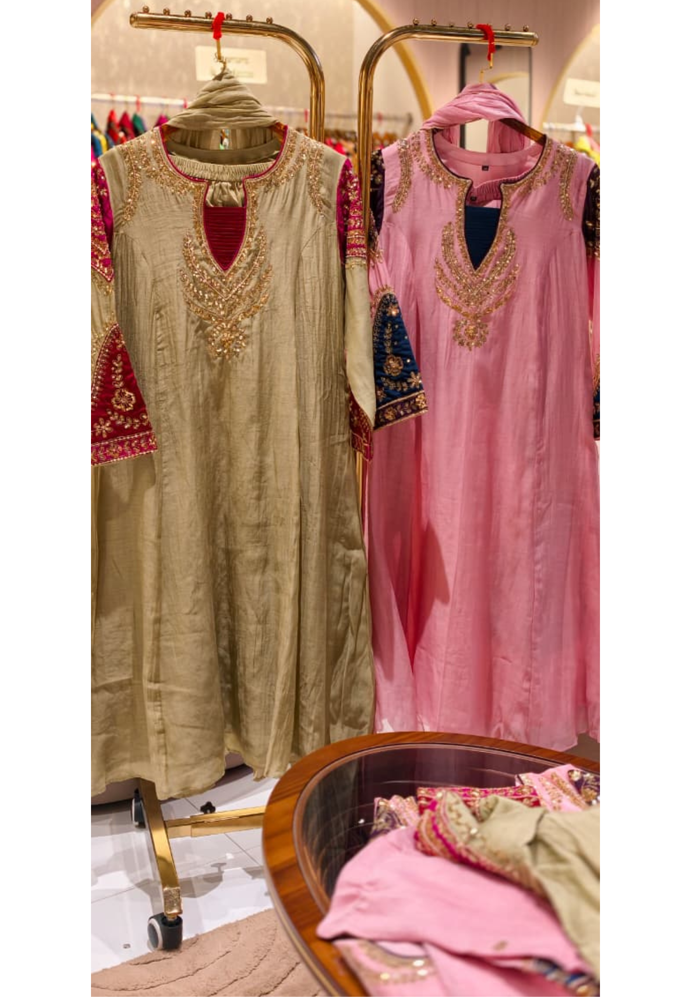 Elegant Mul-Chanderi Panel Anarkali Full Suit Set with Intricate Zardozi Neckline & Contrast Embroidered Sleeves- 14927