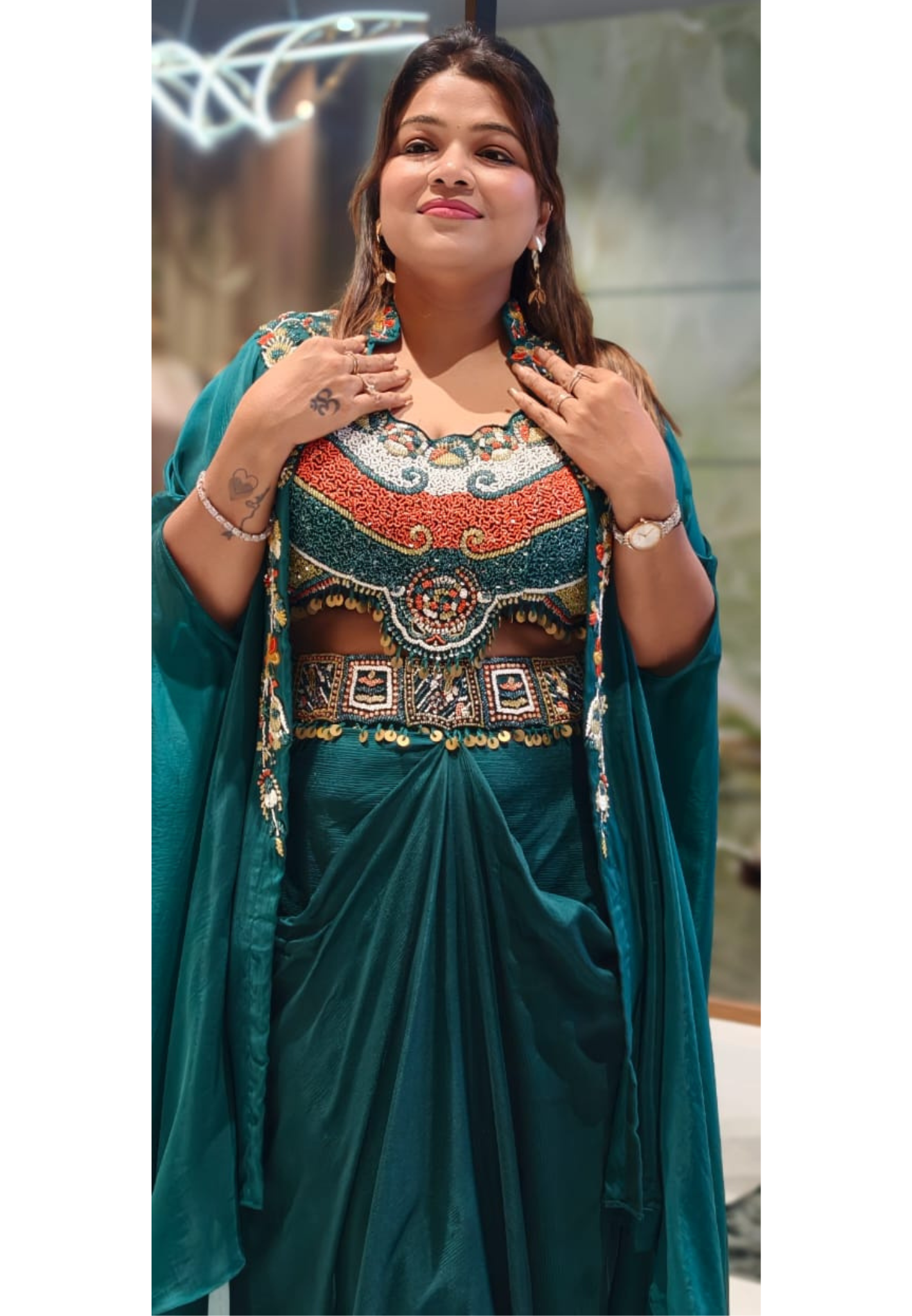Tribal Inspired Indo-Western Fusion Set with Heavily Hand-Embroidered Crop Top, Draped Skirt, and Cape- 12975