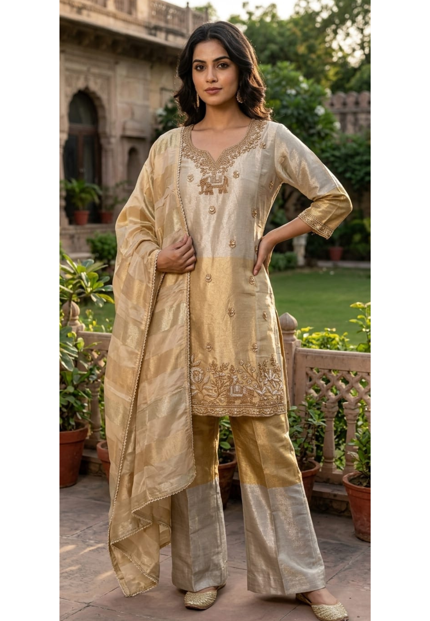 Ivory Intricate Cut-Dana Embroidered Dual Tone Shimmery Tissue Palazzo Full Suit Set With Dupatta- 14003