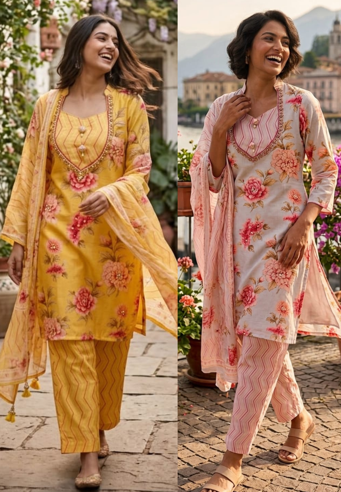 Gulmohar Floral Printed Unique Yoke Fancy Full Suit Set With Dupatta