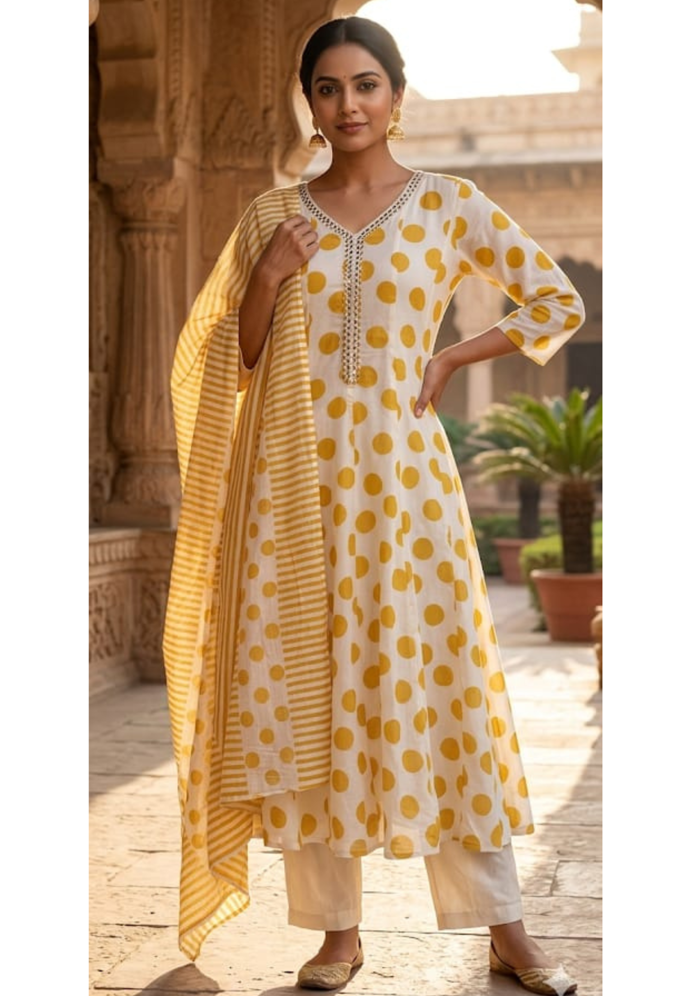 Giant Polka Dotted Panel Anarkali Full Suit Set With Dupatta In Mul Cotton Fabric