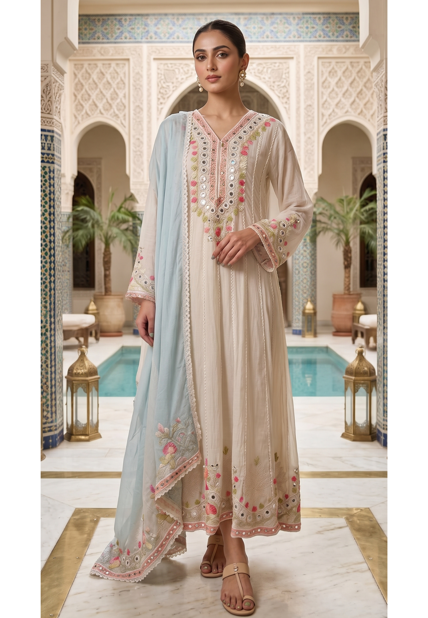 Meera Ivory Pastel-Embroidered Festive Wear Panel Anarkali Full Suit Set with Powder Blue Lace Dupatta- 14399