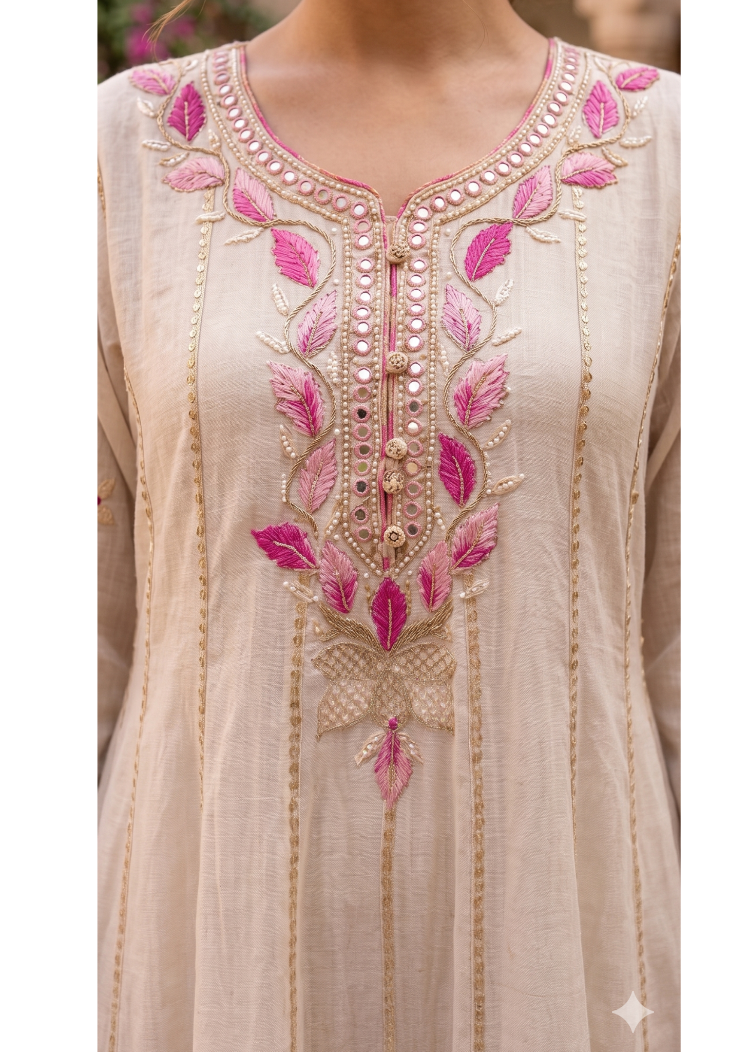 Fuchsia Blossom Ivory-Beige Festive Panel Anarkali Full Suit Set with Mirror Work & Lace Dupatta- 14400