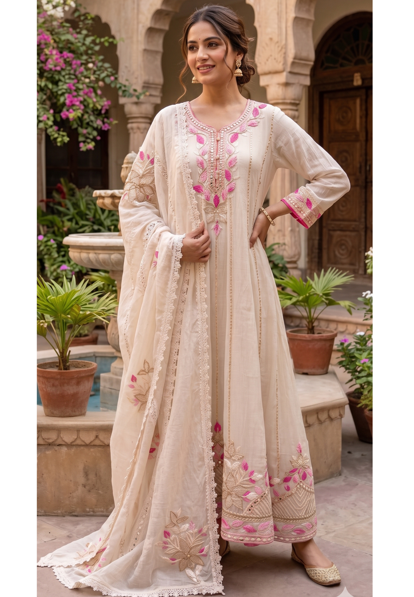 Fuchsia Blossom Ivory-Beige Festive Panel Anarkali Full Suit Set with Mirror Work & Lace Dupatta- 14400