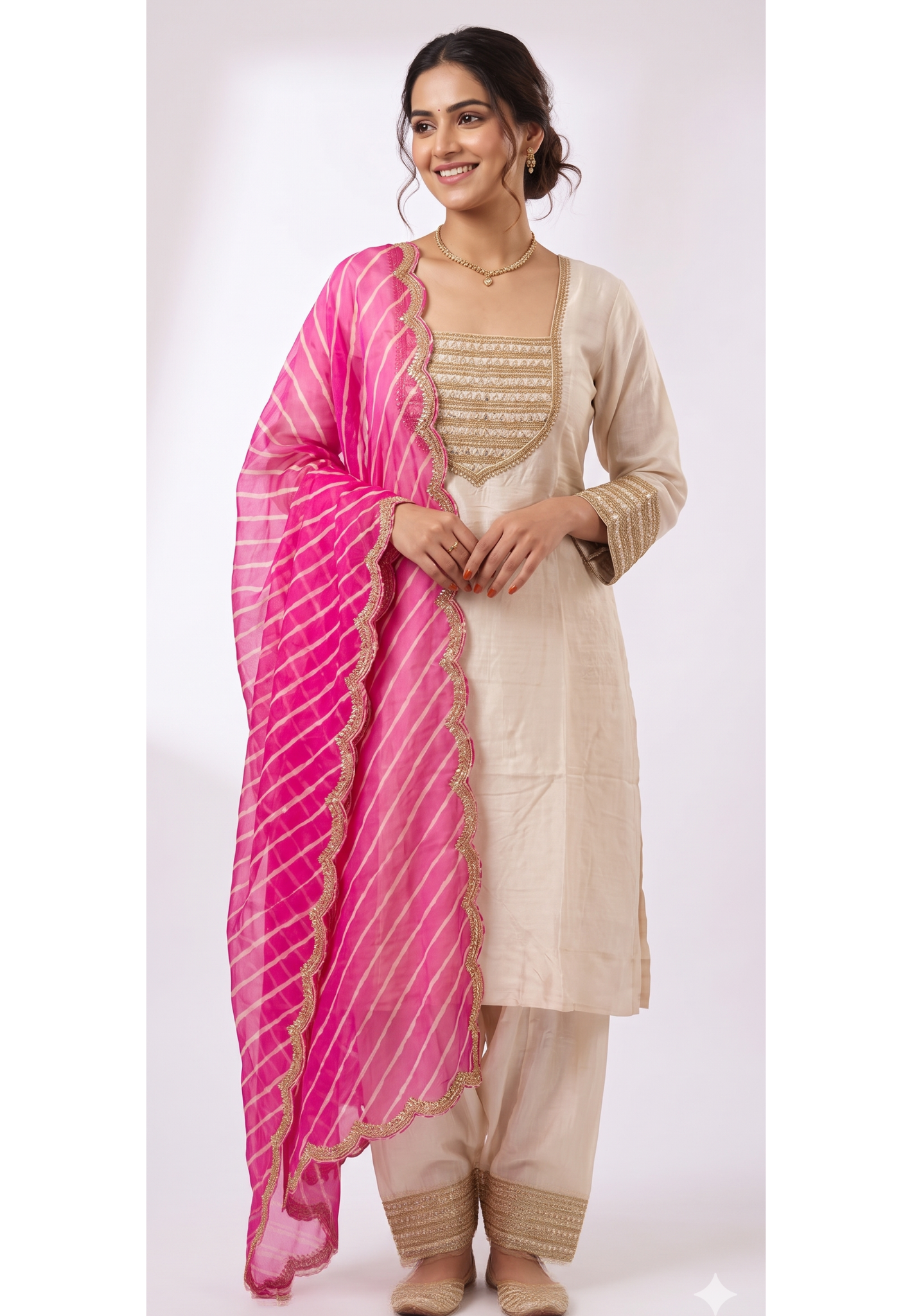 Golden Foil Zardosi Yoke Russian Silk Short Length Kurta With Bottom & Leheriya Dupatta