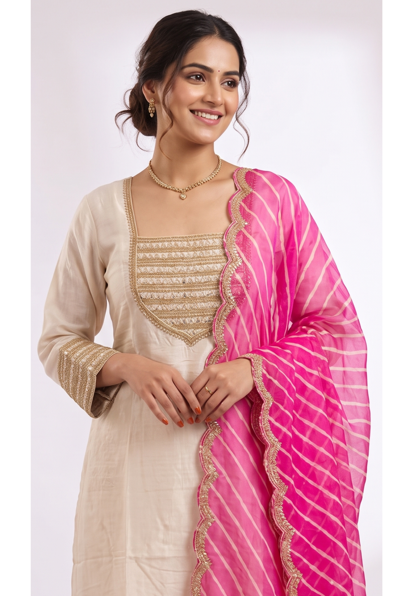 Golden Foil Zardosi Yoke Russian Silk Short Length Kurta With Bottom & Leheriya Dupatta