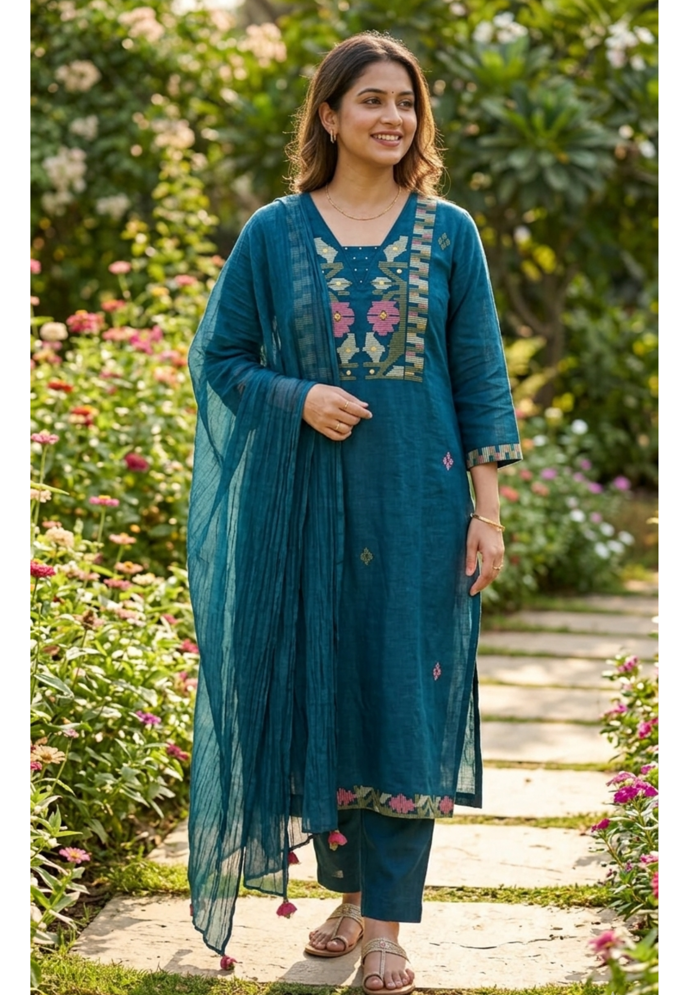 Assymmetric Thread Embroidered Yoke Cotton Full Suit Set With Dupatta