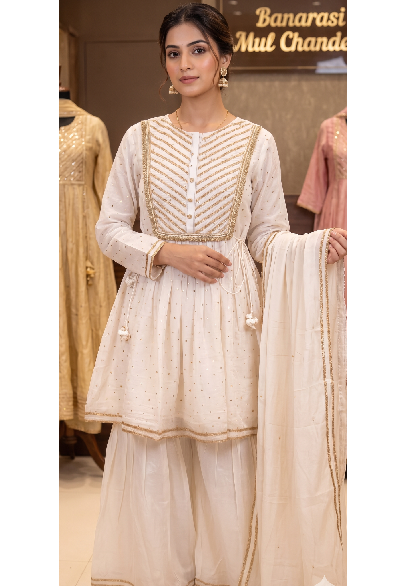 Ivory Golden Intricate Zari Embroidery Premium Peplum Short Length Full Suit Set with Elegant Organza Dupatta- 14282
