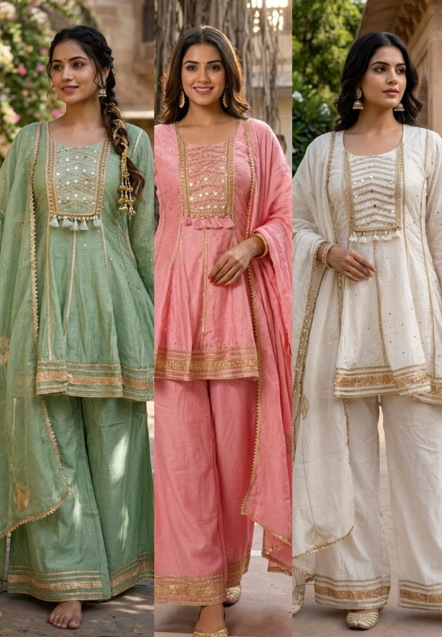 Mul Chanderi Zardosi Gota Patti Embroidered Chanderi Peplum Short Kurta with Palazzo Pant & Dupatta Set- 14282