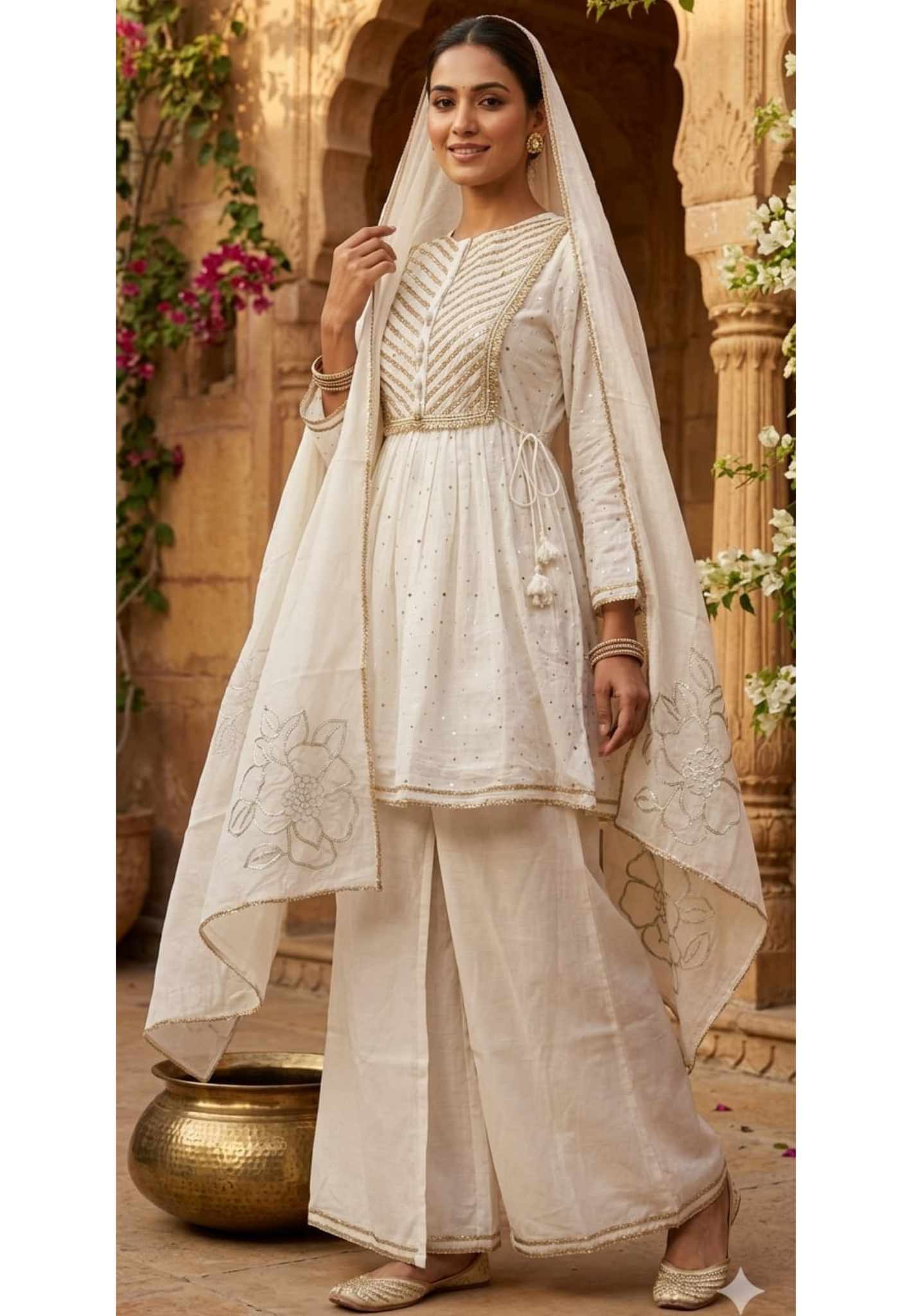 Ivory Golden Intricate Zari Embroidery Premium Peplum Short Length Full Suit Set with Elegant Organza Dupatta- 14282