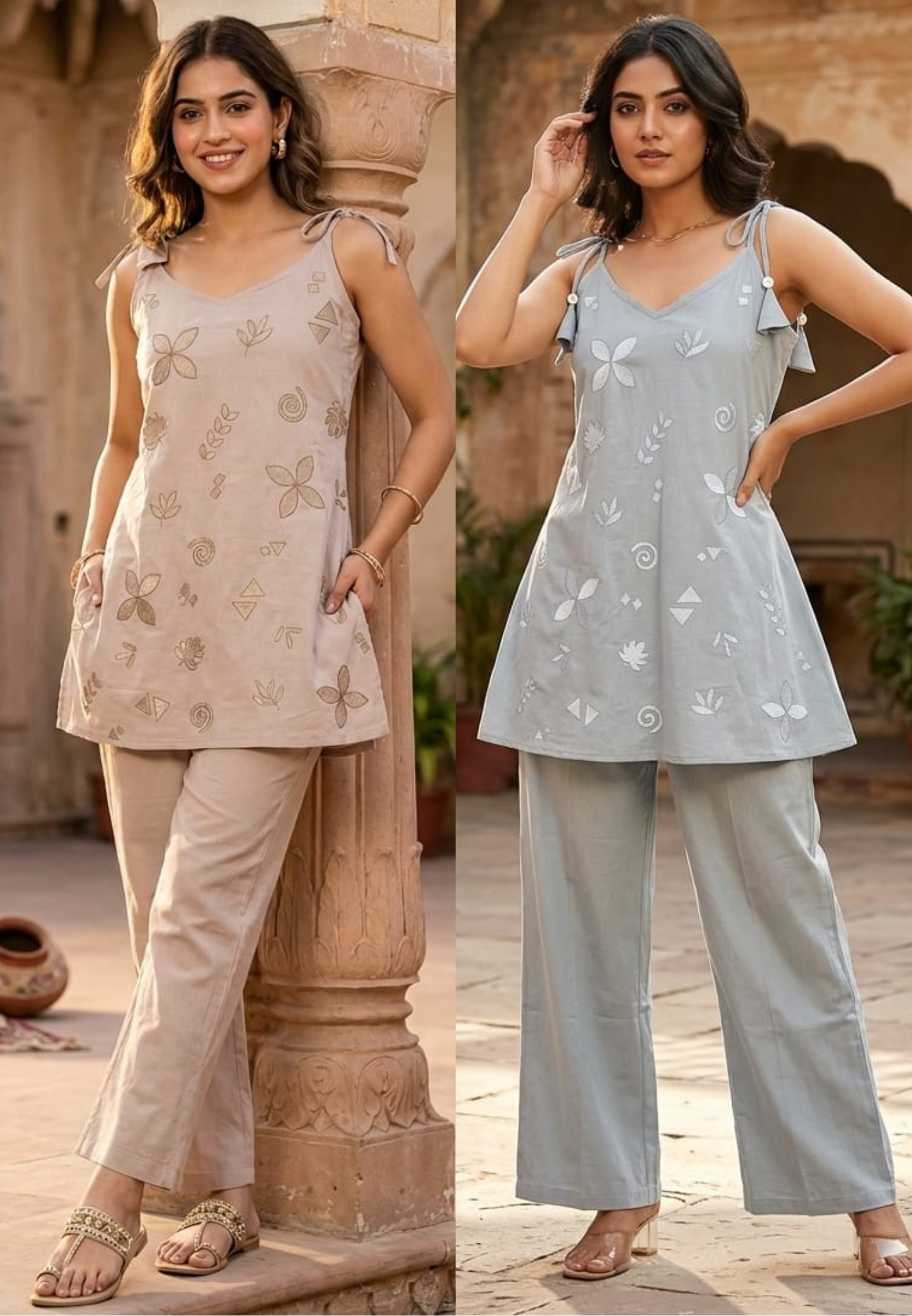 Sleeveless Strape Embroidered Cotton Camisole & Pants Co-Ord Set- 14965