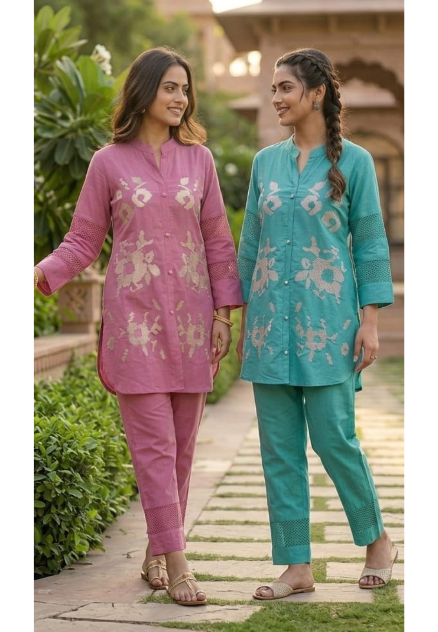 Abstract Floral Scattered Embroidery Jaal Sleeve Work Cotton Co-Ord Set- 14961