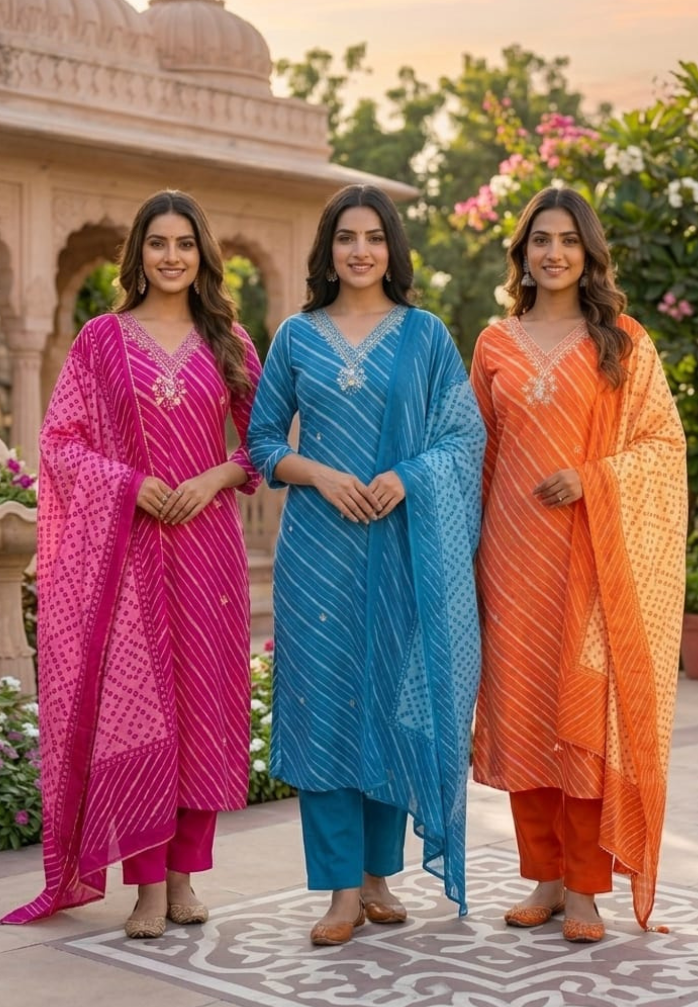 Elegant Lehariya Cotton V-Neck Embroidered Straight Kurta with Bottom and Dupatta- 14976