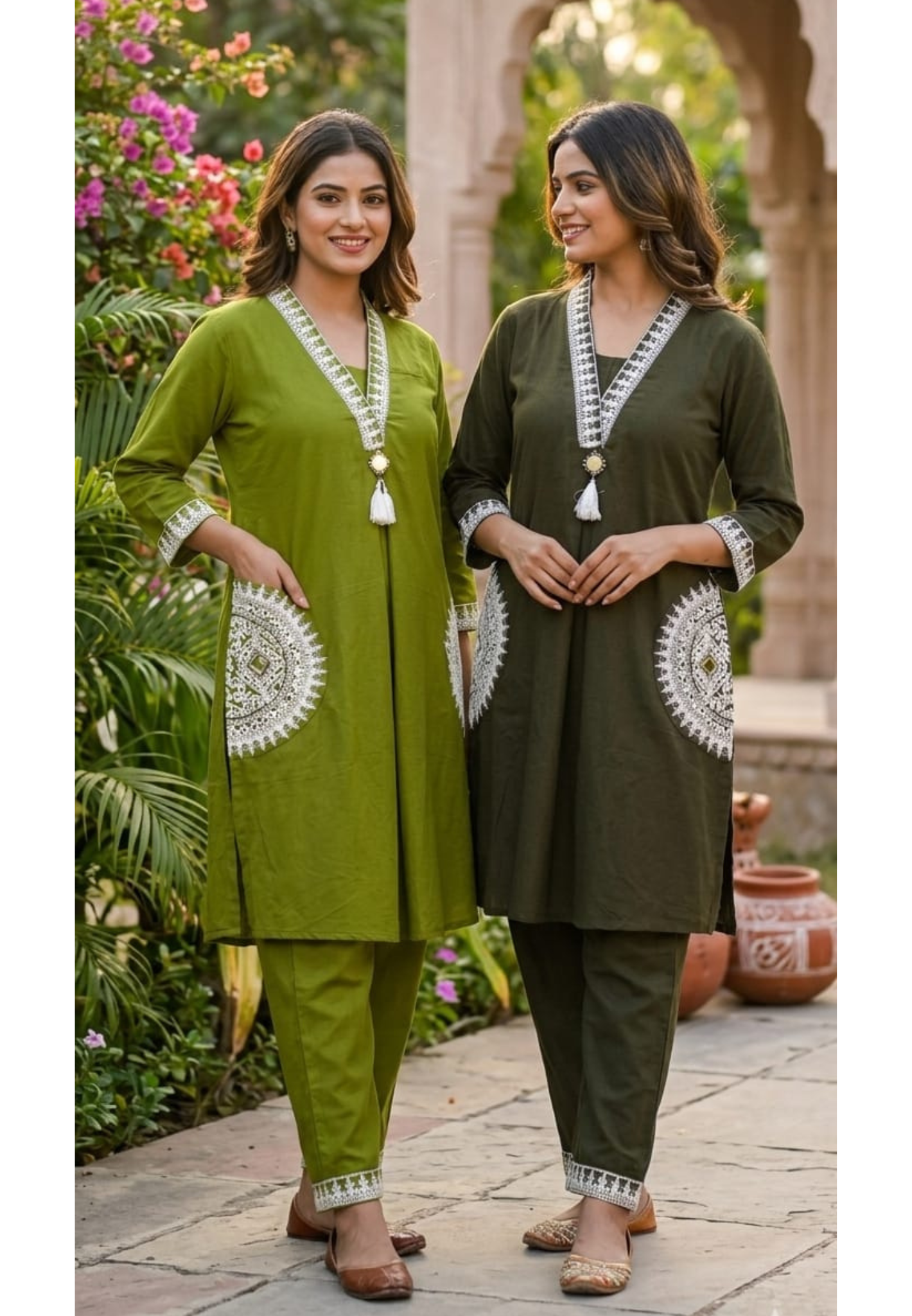 Chevron Half Rounded Embroidered V-Neck Cotton Co-Ord Set- 14966