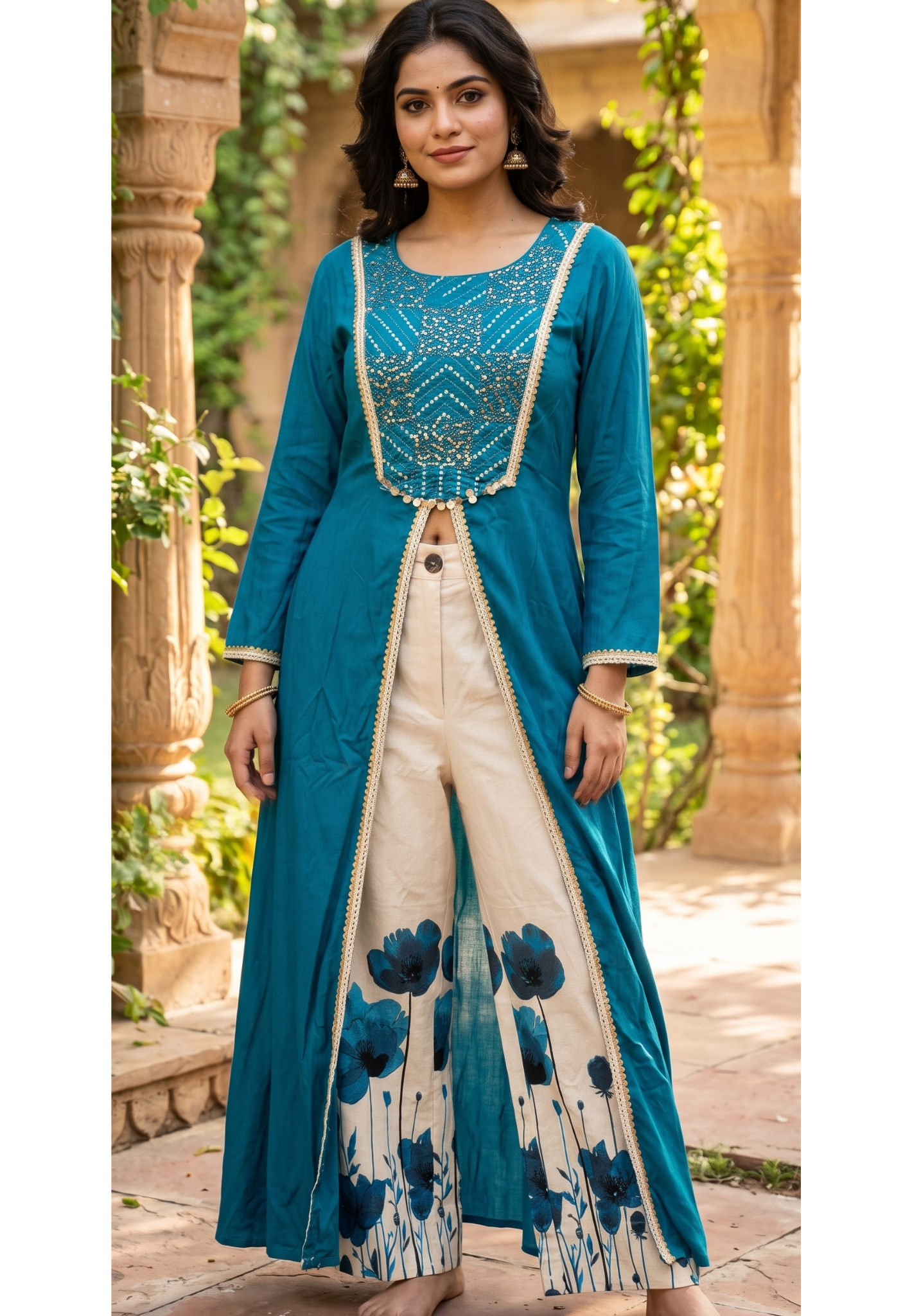 Stylish Indo Style Front Slitted Long Solid Slub Cotton Kurta With Floral Printed Palazzo Bottom