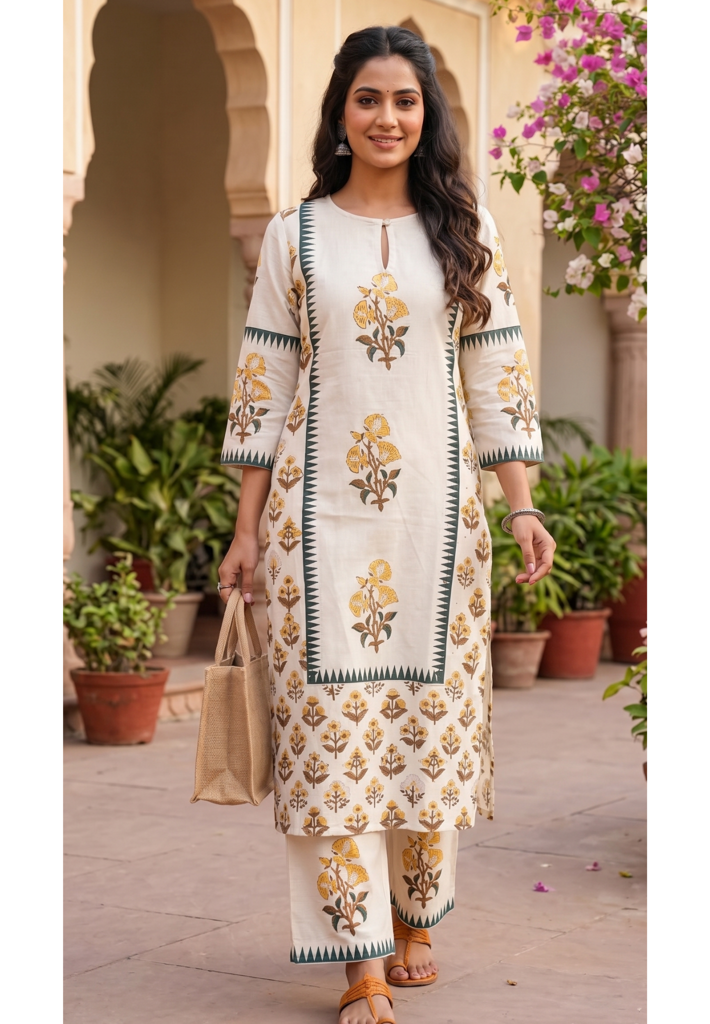Zig-Zag Floral Printed Flex Cotton Long Kurta Pant Set