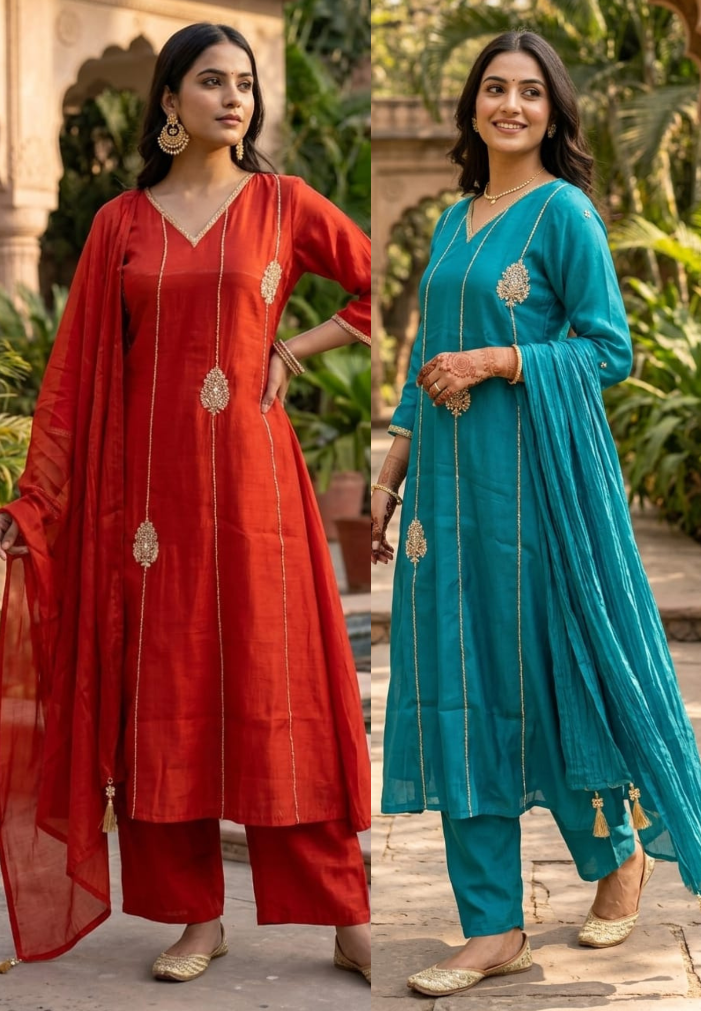 Vertical Golden Lines & Medallion Motifs Surat Mul Chanderi A-Line Full Suit Set With Dupatta- 14940