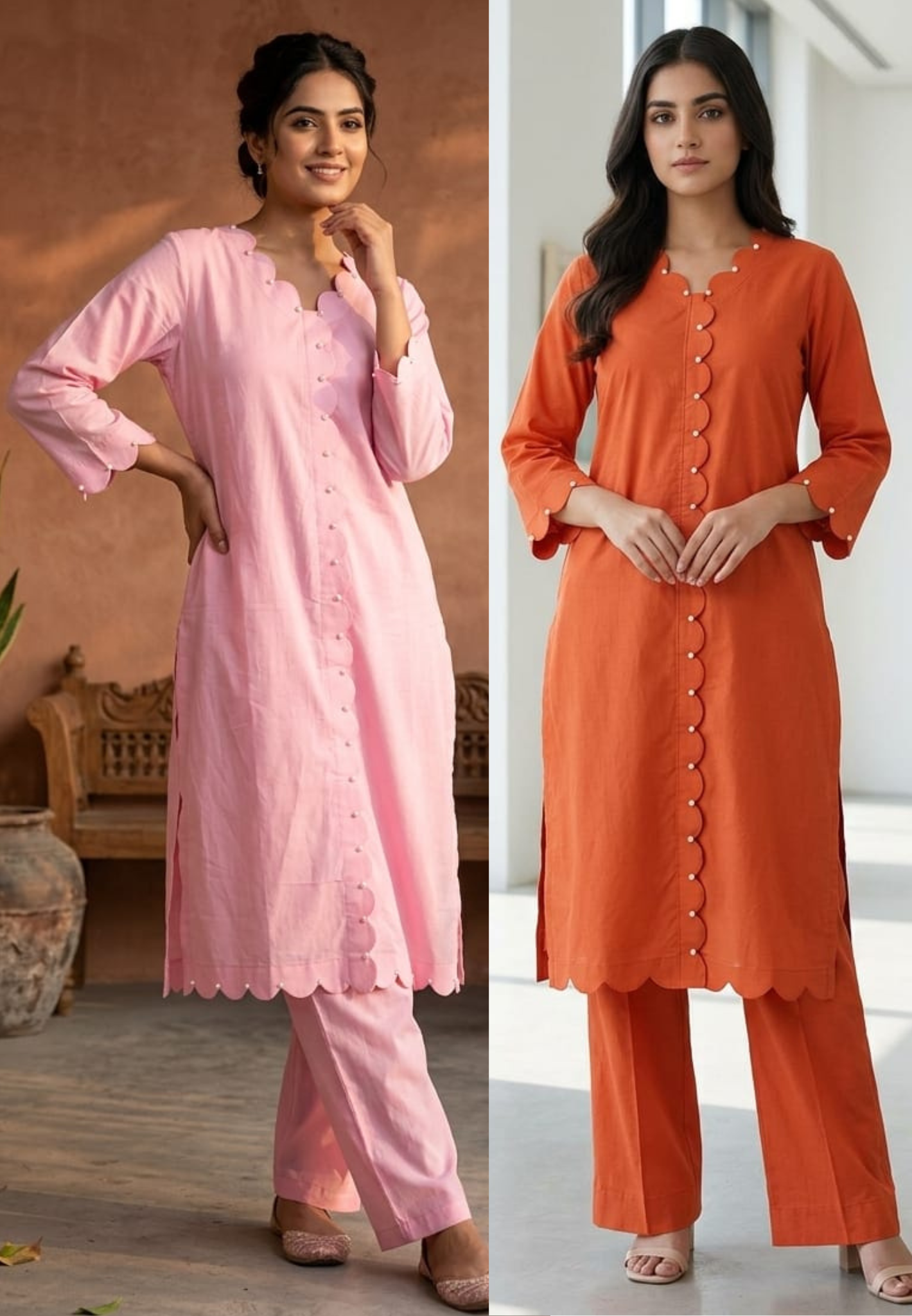 Pearl Touch Designer Look Plain Solid Cut-Work Cotton Kurta Pant Set- 14963