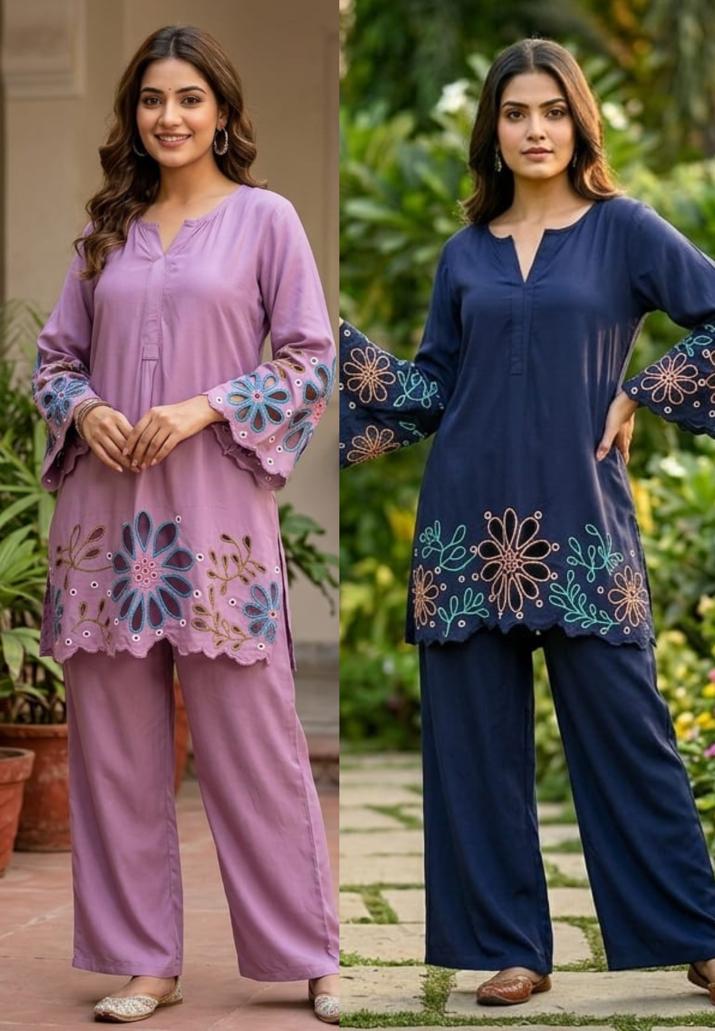 Premium Imported Fabric Floral Hem Cut-Work Embroidery Co-Ord Set-14970