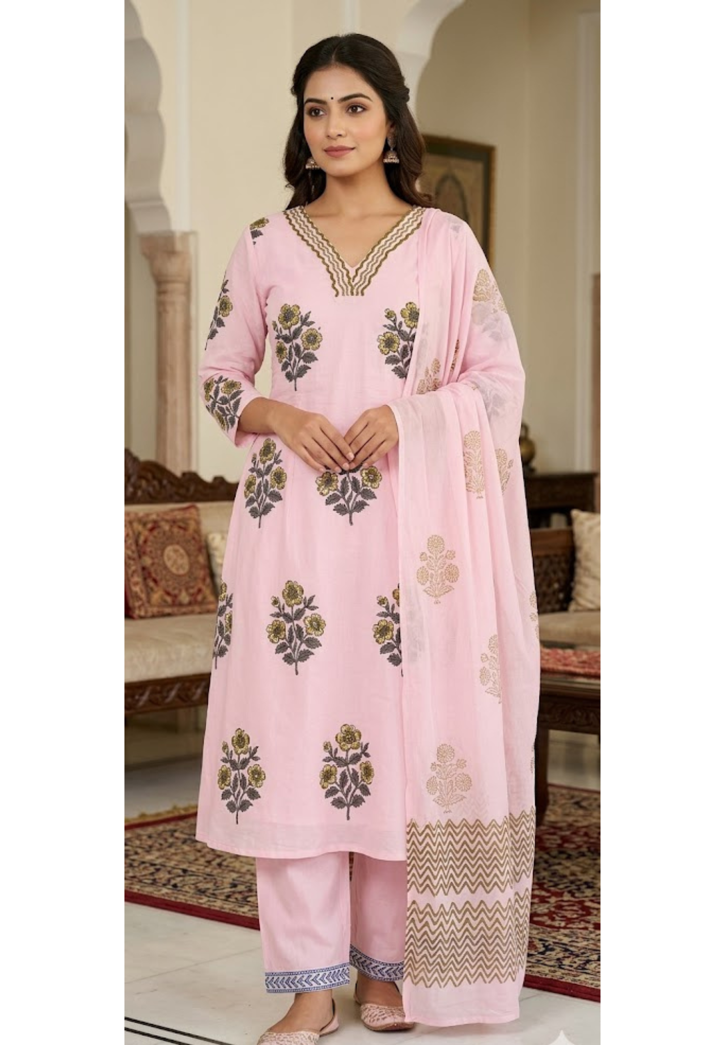 Giant Flower Print Beautiful Weavy Neckline A-Line Cotton Full Suit Set With Dupatta- 14968