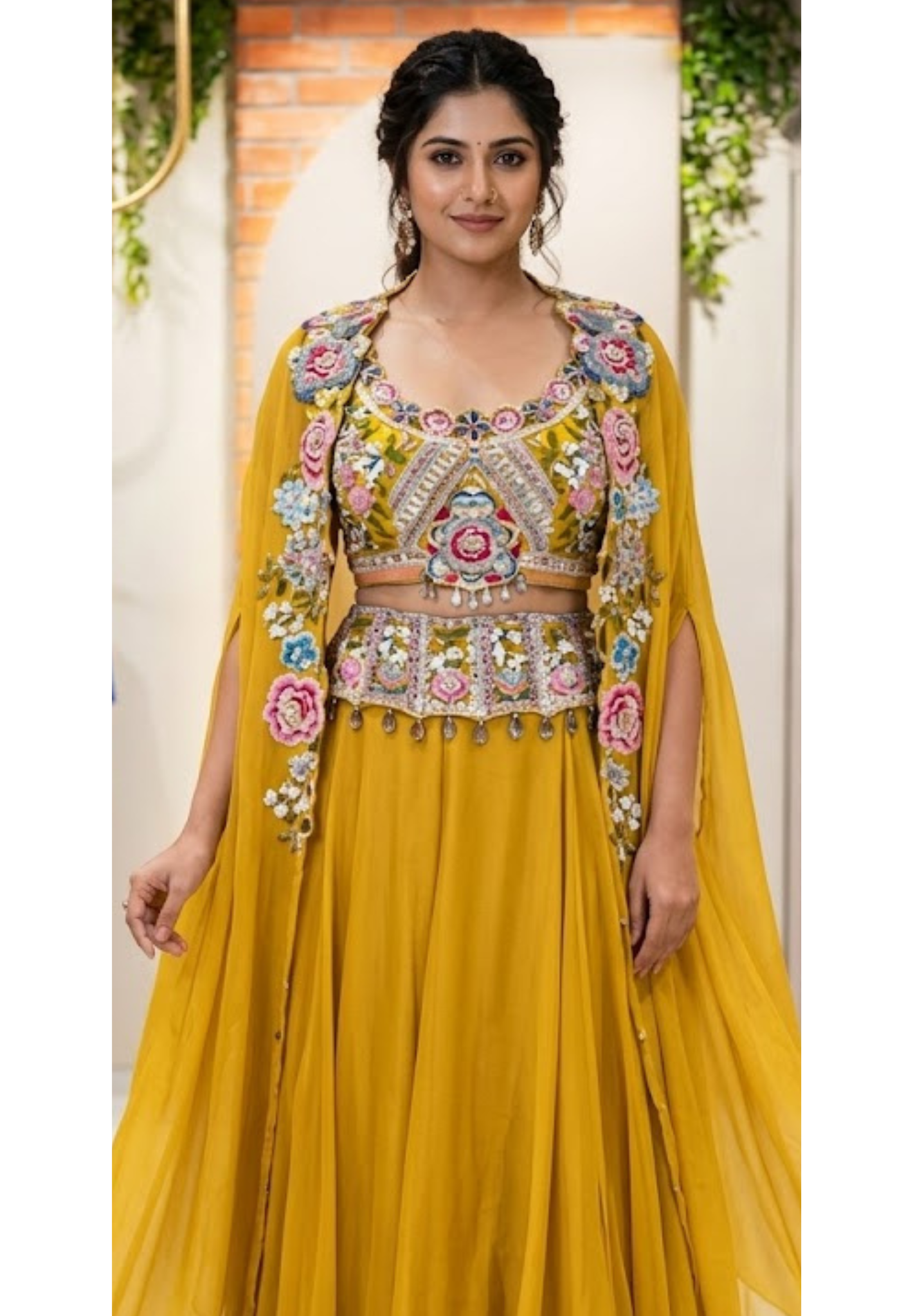 Radiant Mustard Floral Embroidered Premium Flarred Skirt Set with Matching Cape- 14728