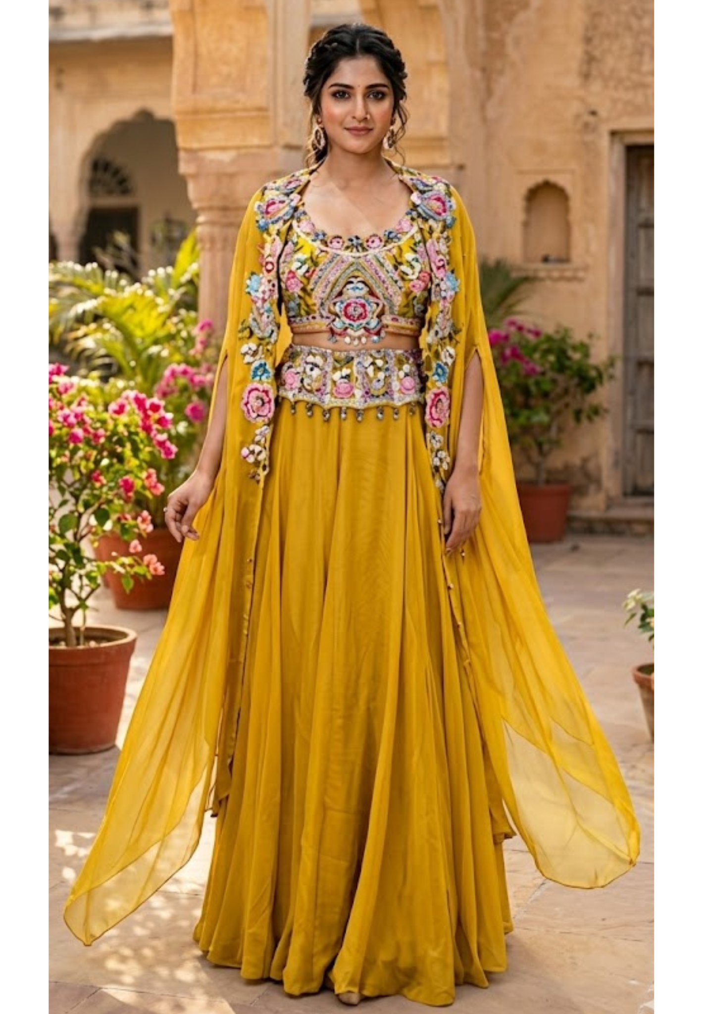 Radiant Mustard Floral Embroidered Premium Flarred Skirt Set with Matching Cape- 14728