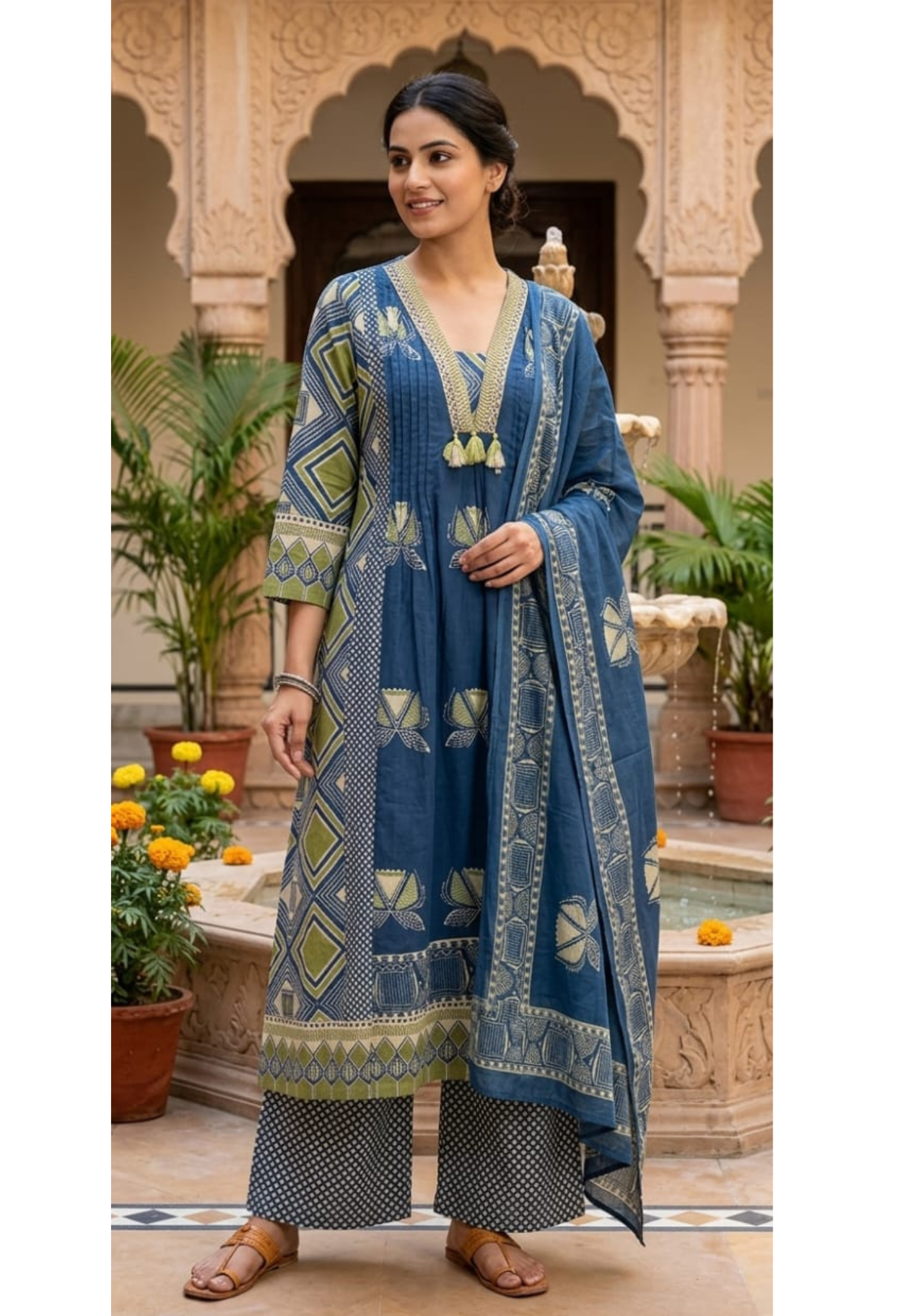 Cotton Aline Printed V Neck Full Suit Set 14569
