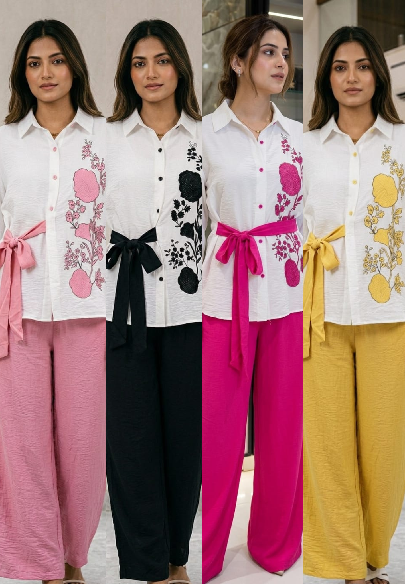 Premium Classic Floral Embroidery Button-Down Co-Ord Set- 15073