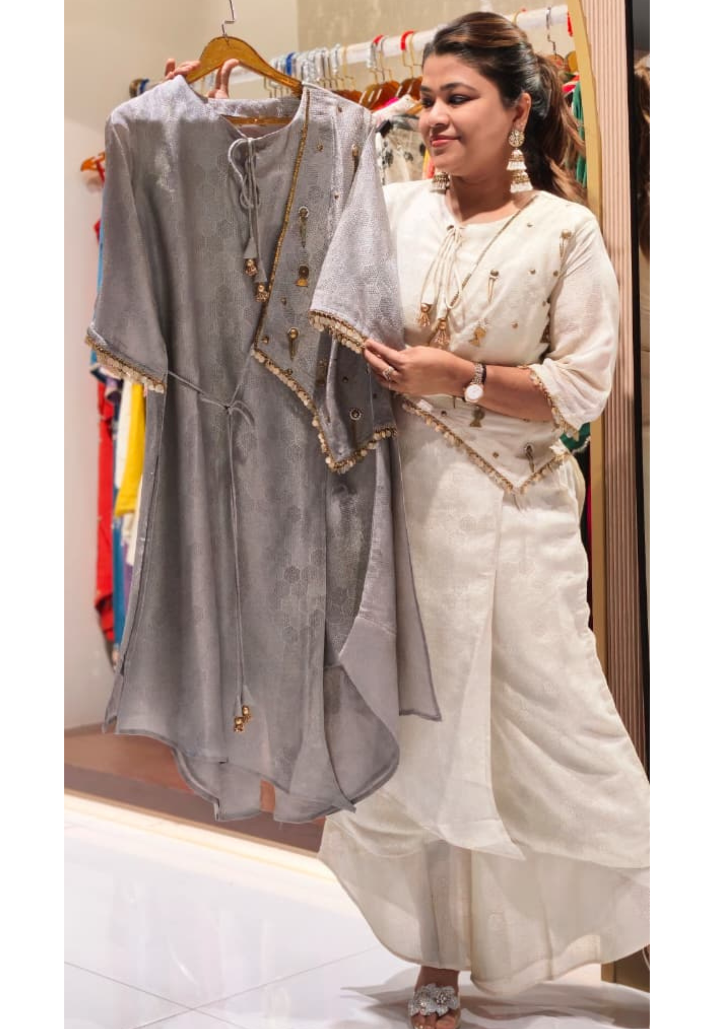 Ethereal Shimmer Fusion Knotted Indo Look Kurti With Palazzo Bottom- 15086