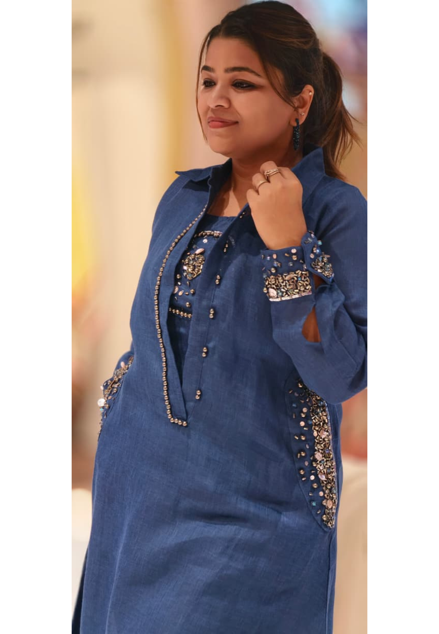 Beads Embellished Stunning Inner Attach Look A-Line Kurta With Bottom In Jute Fabric- 15088 (Dispatchning After 3 Days)