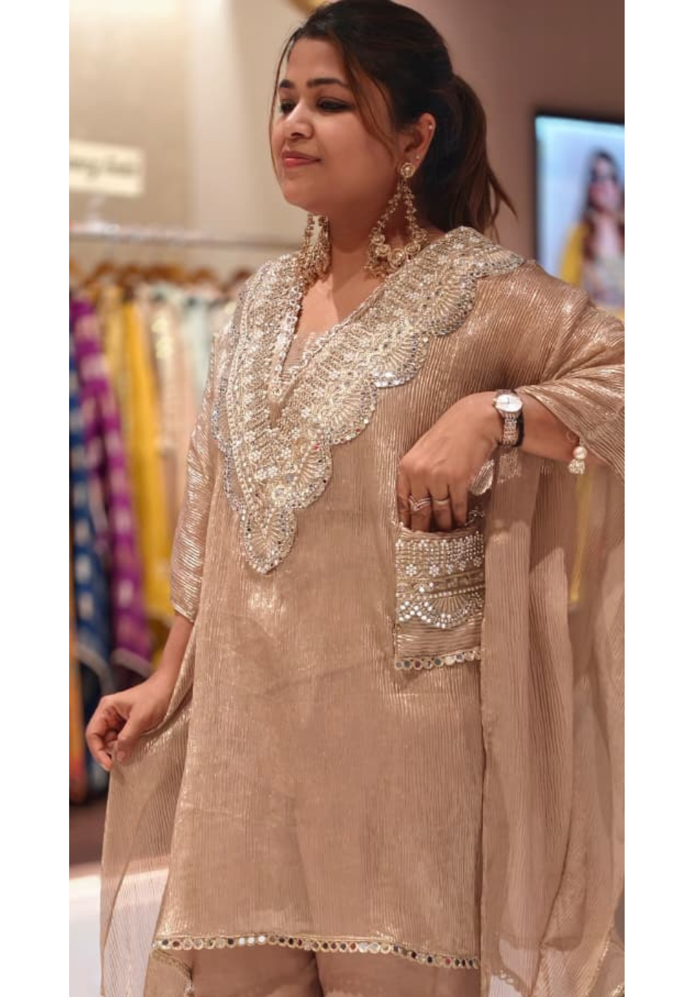 Crush Tissue Luxury Real Mirror Embellished Kaftan Co-Ord Set with Straight Pants & Sidepocket - 15093 (Dispatching After 3 Days)