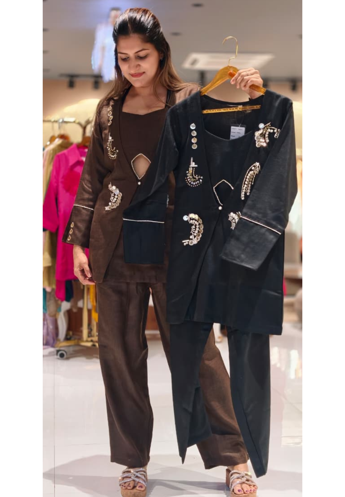 Solid-Colored Co-ord Set with Hand-Embroidered Sequin Bead Embellishments and Keyhole Detailing- 15090 LEAN FIT (Dispatchning After 3 Days)