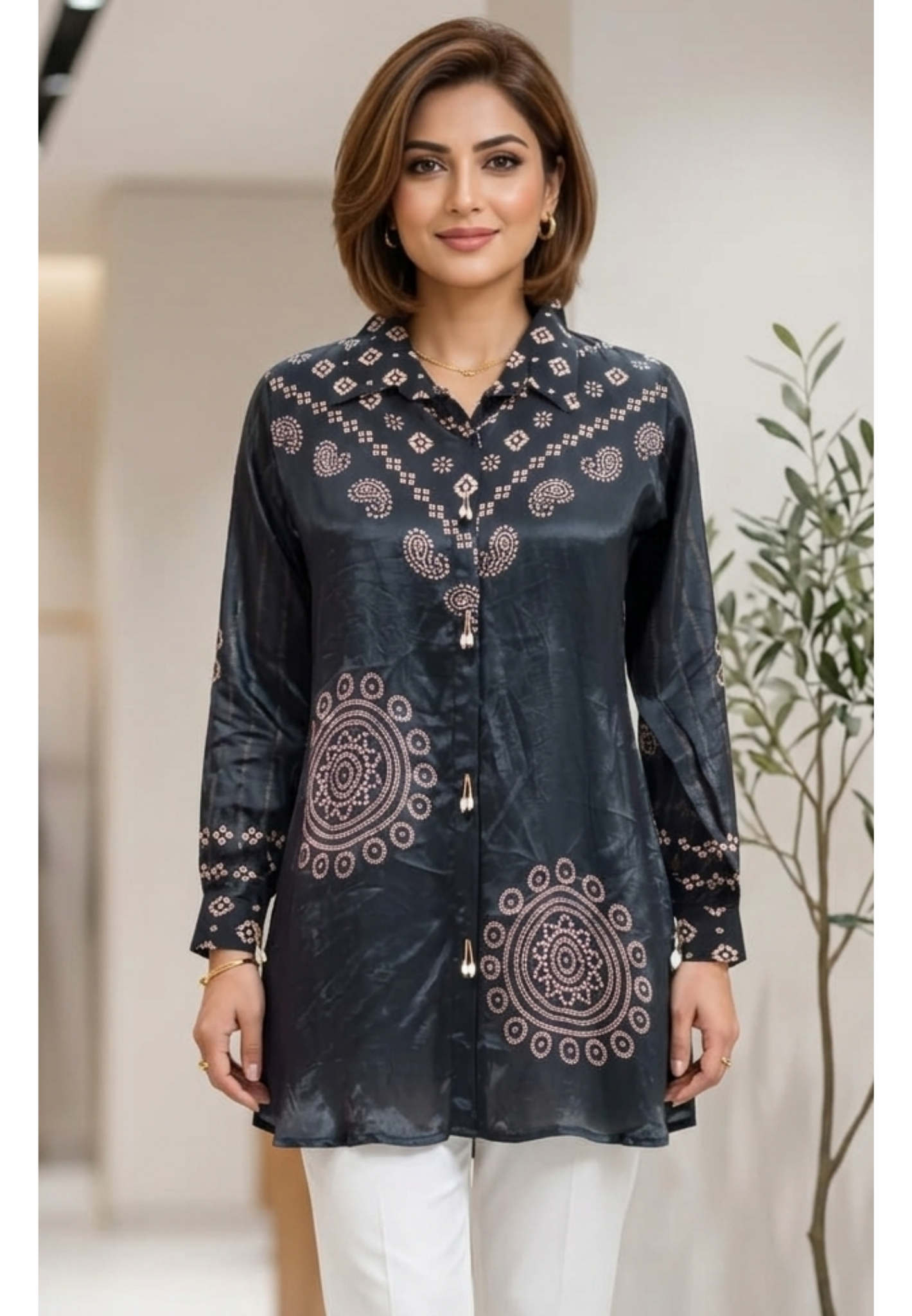 Midnight Glam Bandhej Printed Flowy Casual Crepe Shirt- 15323 (Lean Fit)