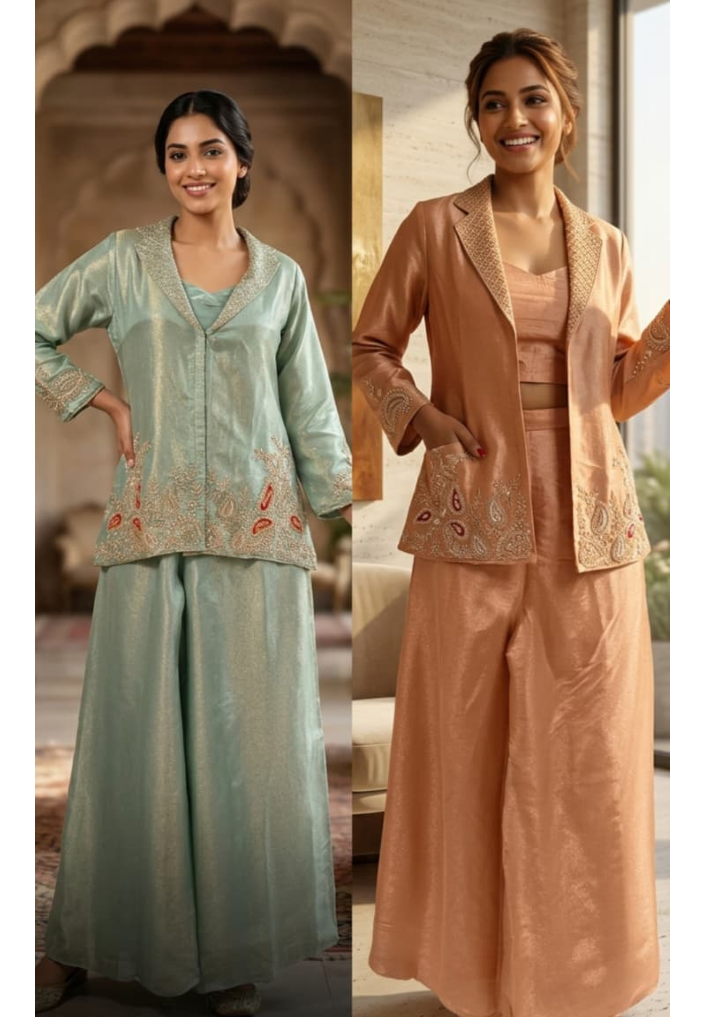 Mango Buti Cut-Dana Elegant Embroidery Work Jacket Style Tissue Co-Ord Set- 15368