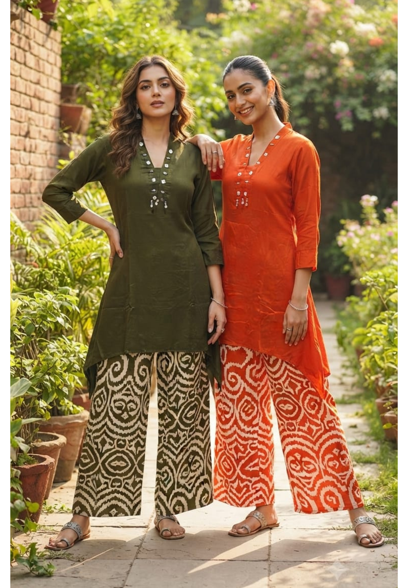 Boho Neckline Solid High-Low Kurta With Printed Bottom- 15354