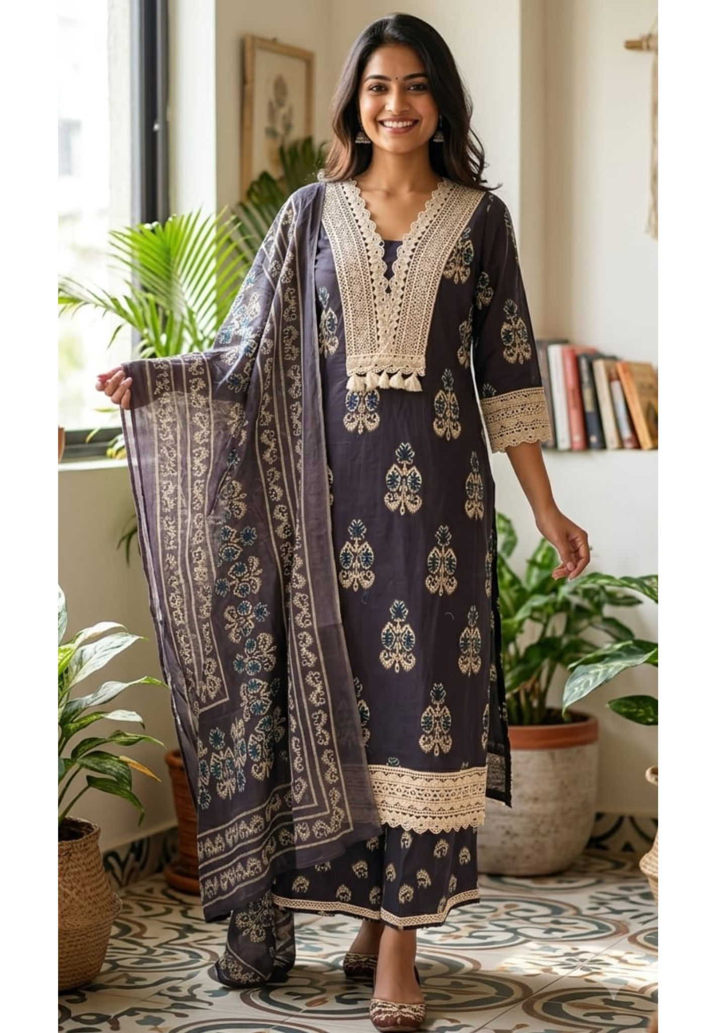 Boho Crosia Embroidered With Tassel Accent Cotton Full Suit Set With Dupatta- 15263