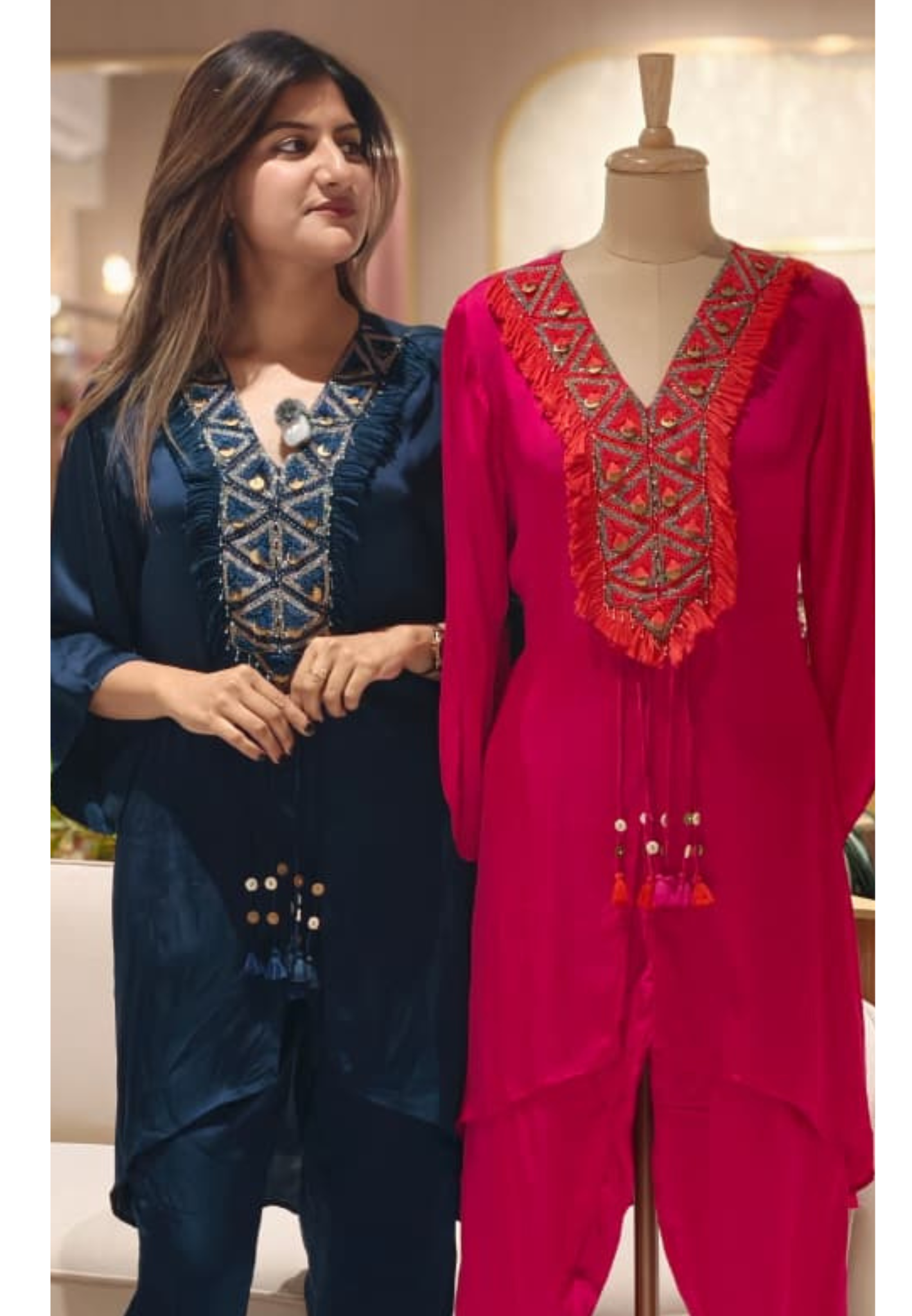 Boho Chic Tassel Accent Pure Crepe High & Low Co-Ord Set- 15015