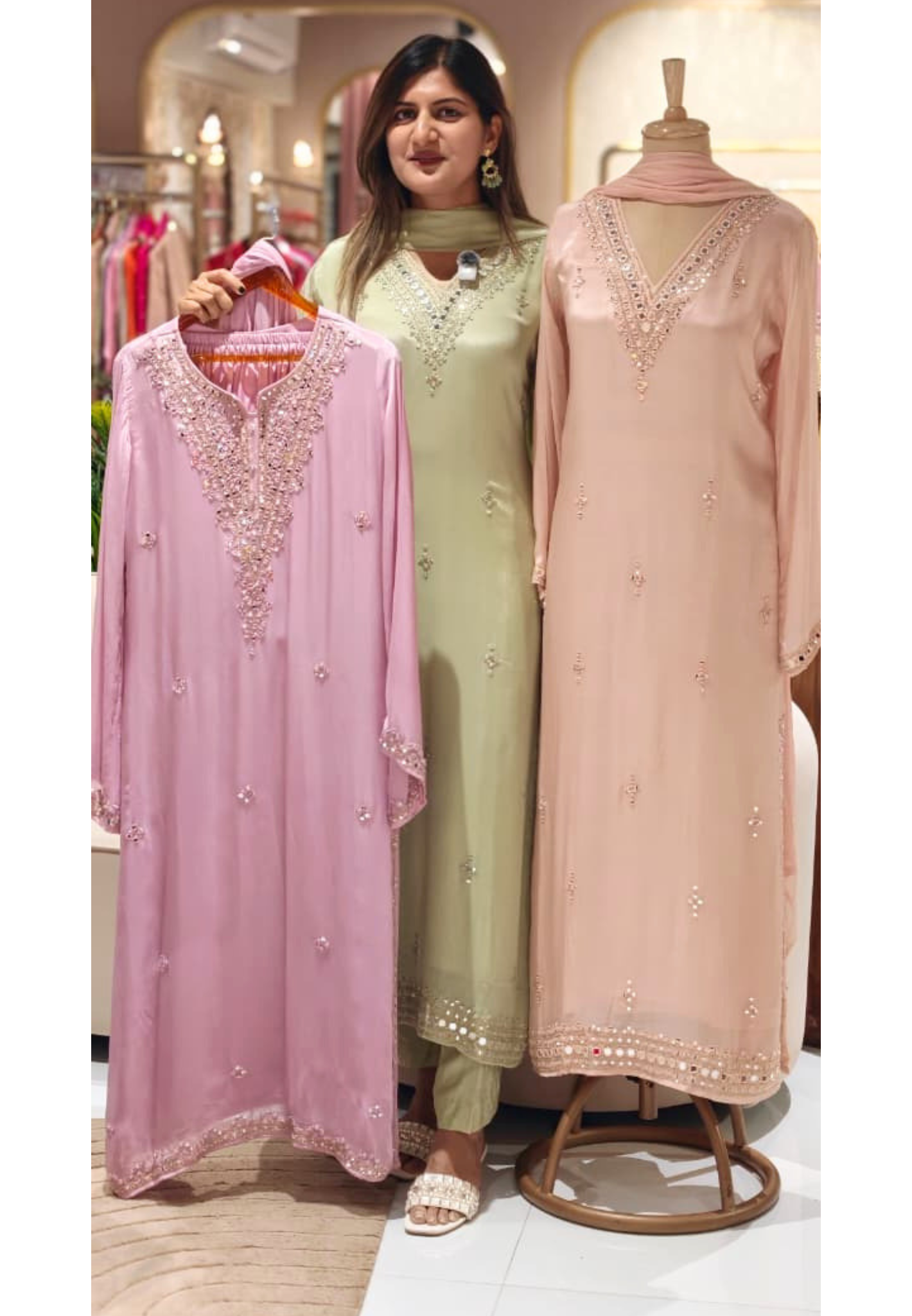Premium Pastel V-Neck Pakistani Style Long Length Full Suit Set with Intricate Mirror Work- 15348,, 15342