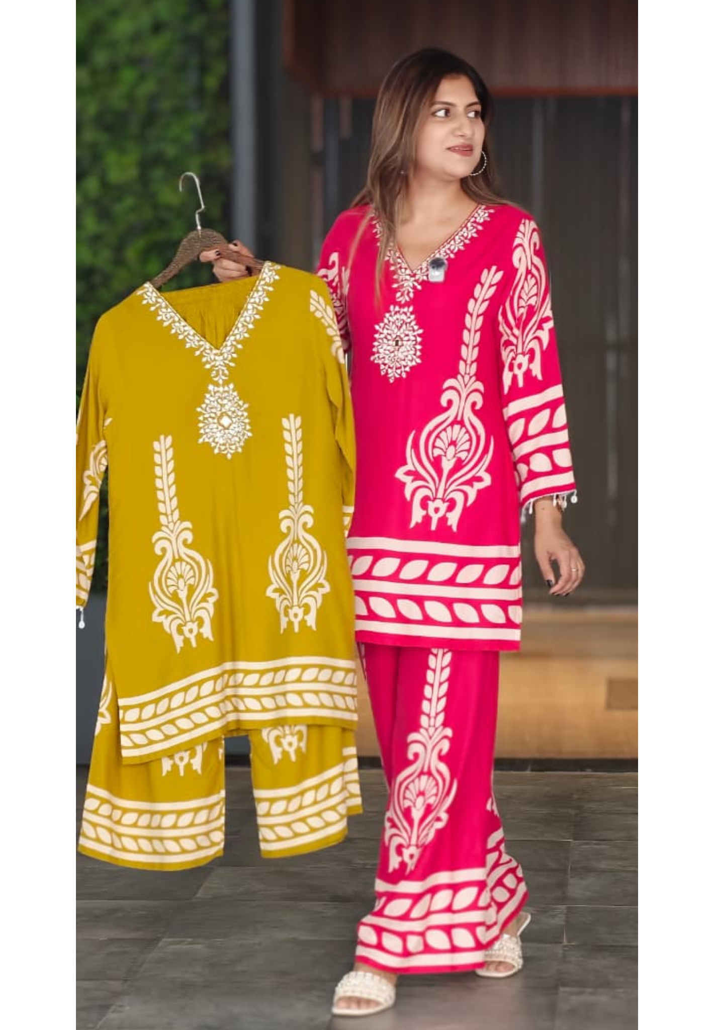 Chevron Printed Mirror Thread Embroidered Neckline Casual Wear Co-Ord Set- 15355