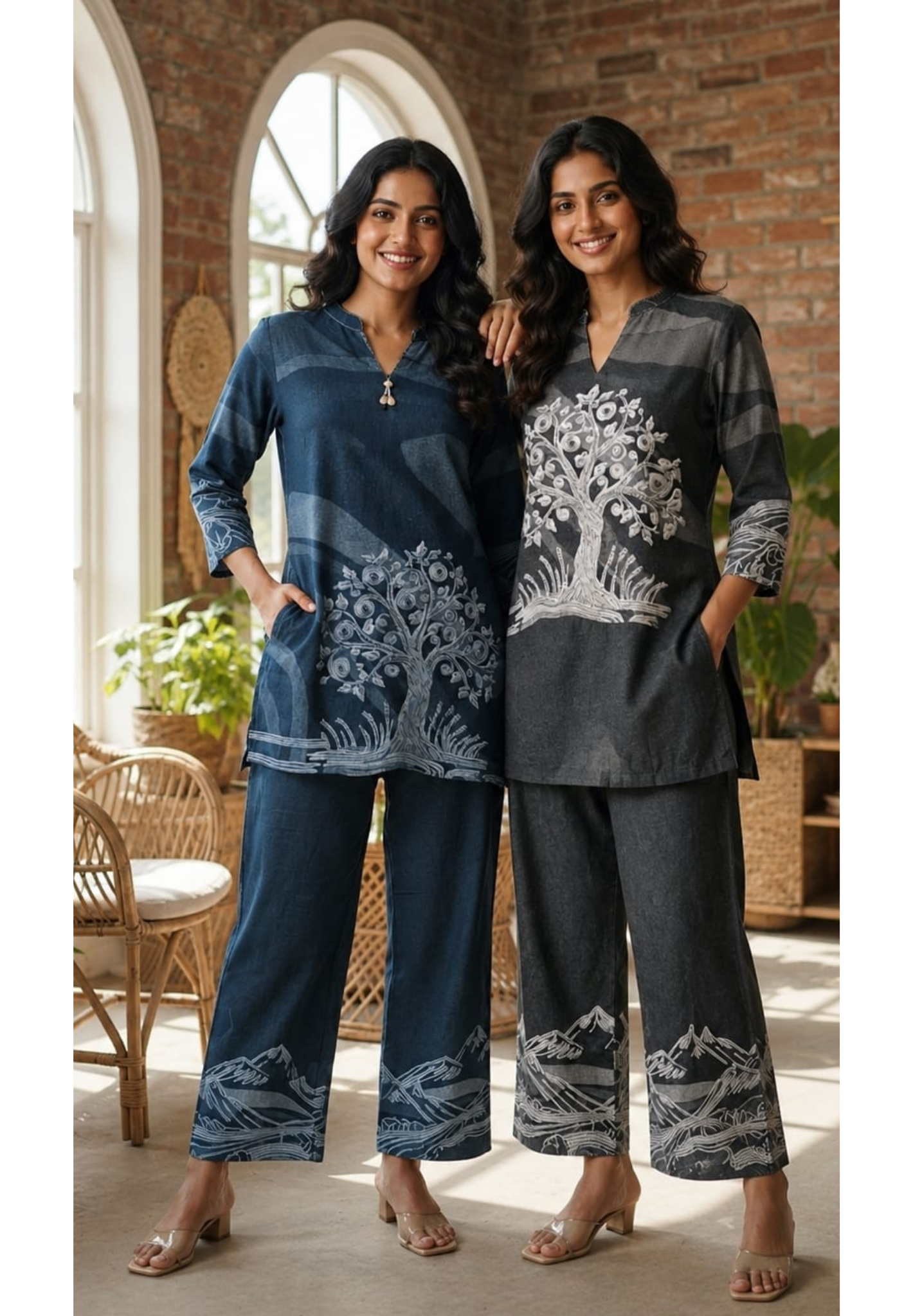 Humming Tree Embroidered Mossaic Print Linen Cotton Co-Ord Set- 15341