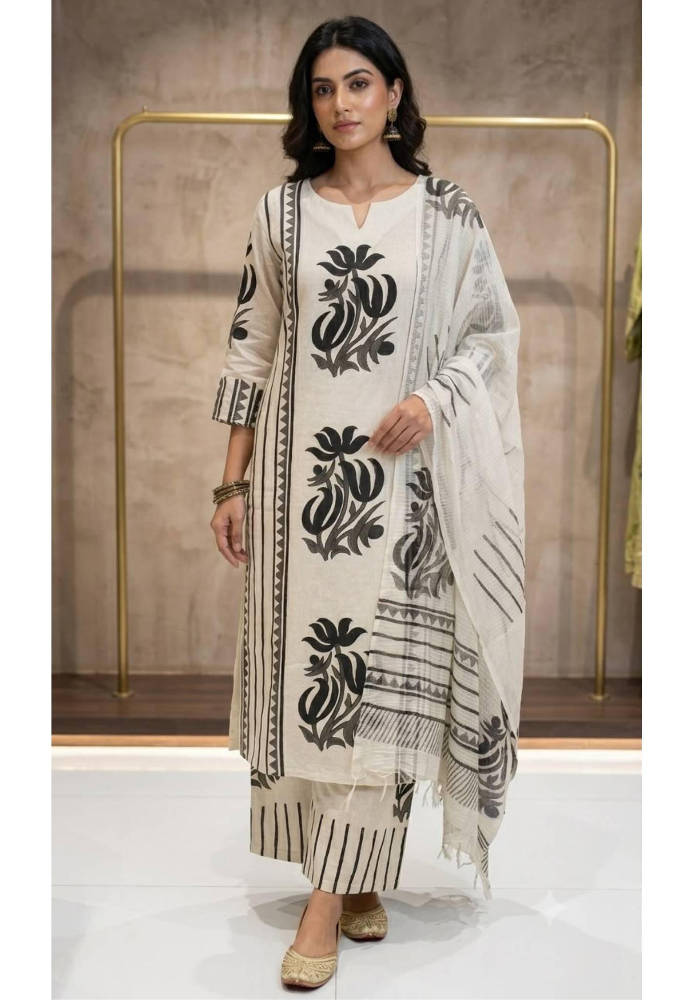 Giant Leafy Patch With Stripe Motifs Flex Cotton Full Suit Set With Dupatta