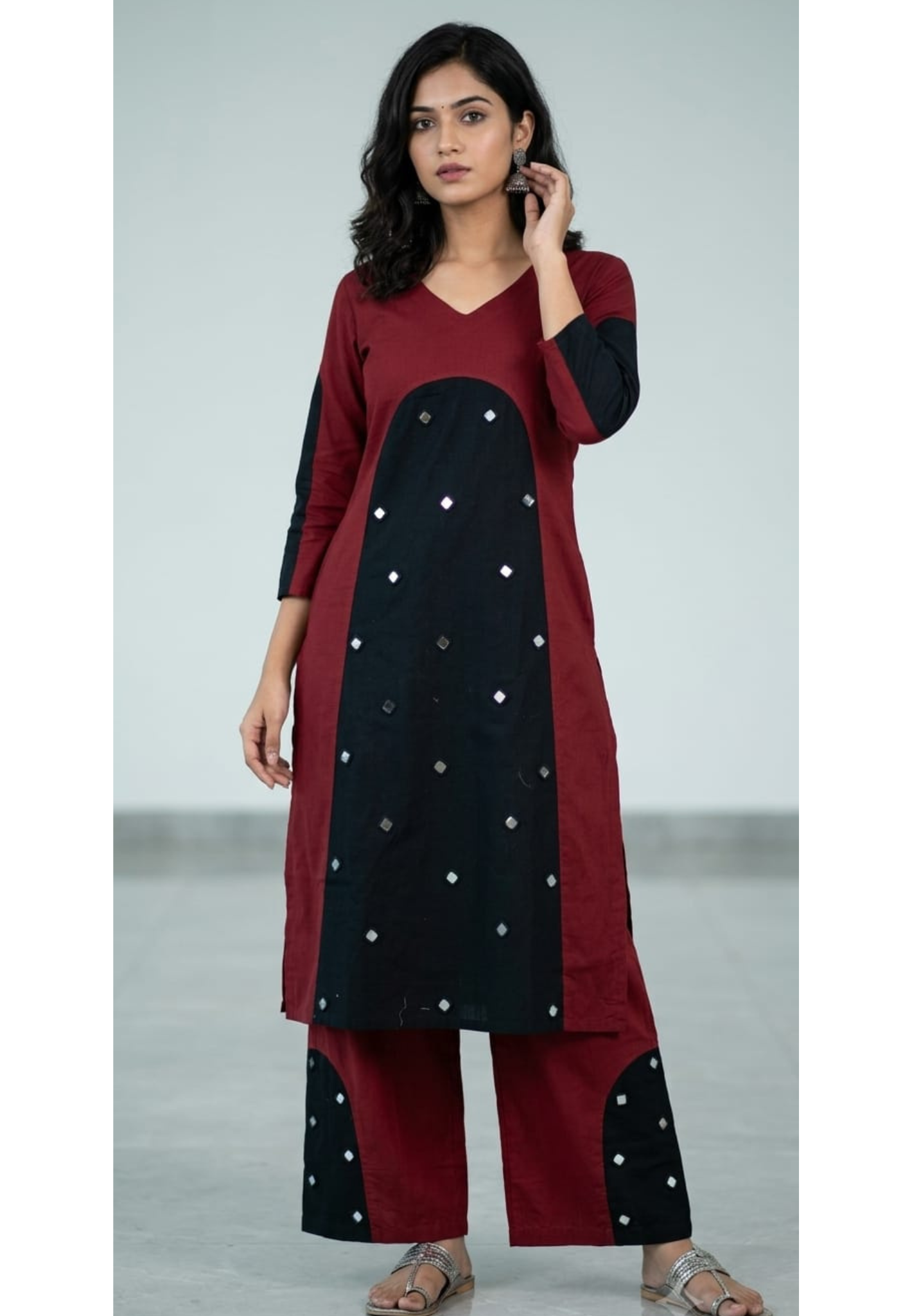 Handloom Cotton Real Mirror Detailing Dual Tone Kurta Pant Set- 14418