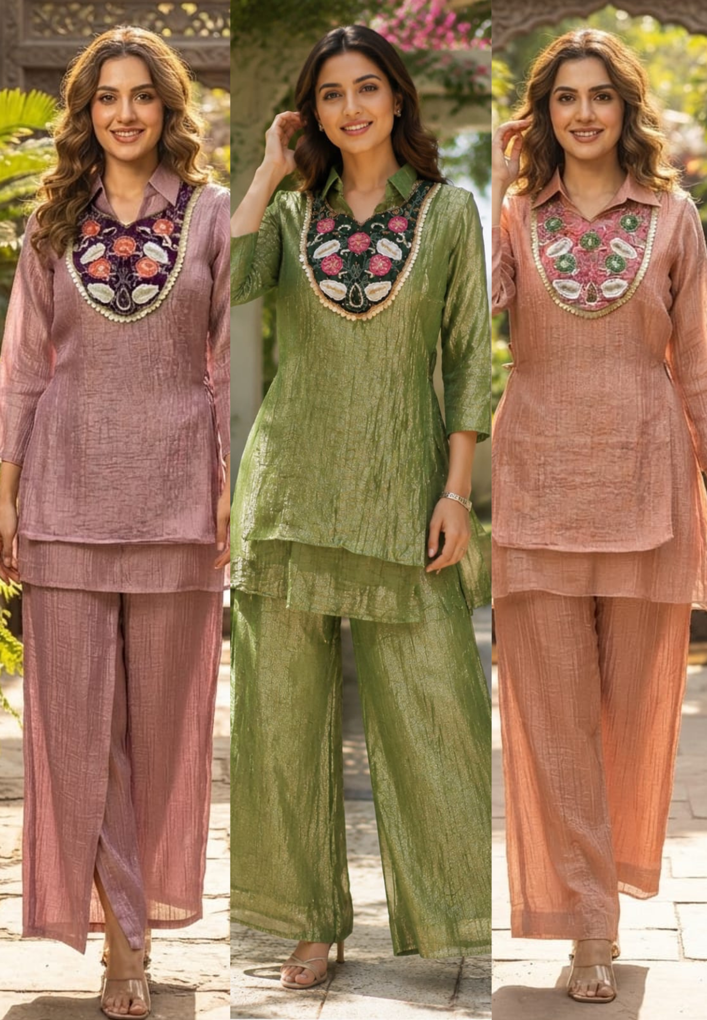 Beautiful Floral Higlights Yoke Double Layered Crush Tissue Co-Ord Set- 15514