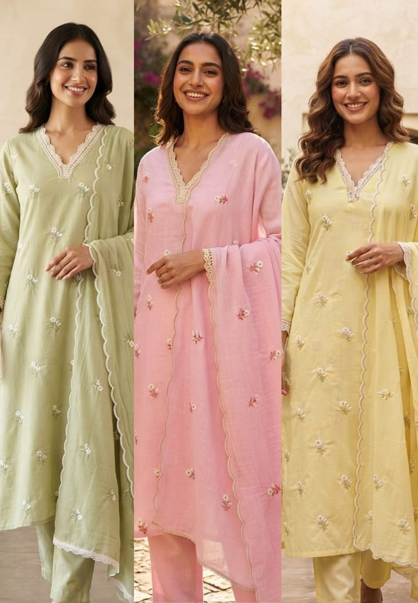 Crosia Neckline Cute Tiny Floral Embroidery Solid Candy Shades Mul-Cotton A-Line Full Suit Set With Dupatta- 15652