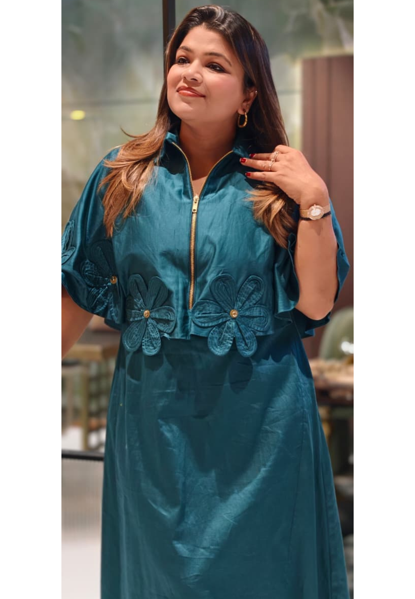 Glaze Cotton Western Style Classy Look Floral Cut-Work Stunning Chain Accent Frock- 15396