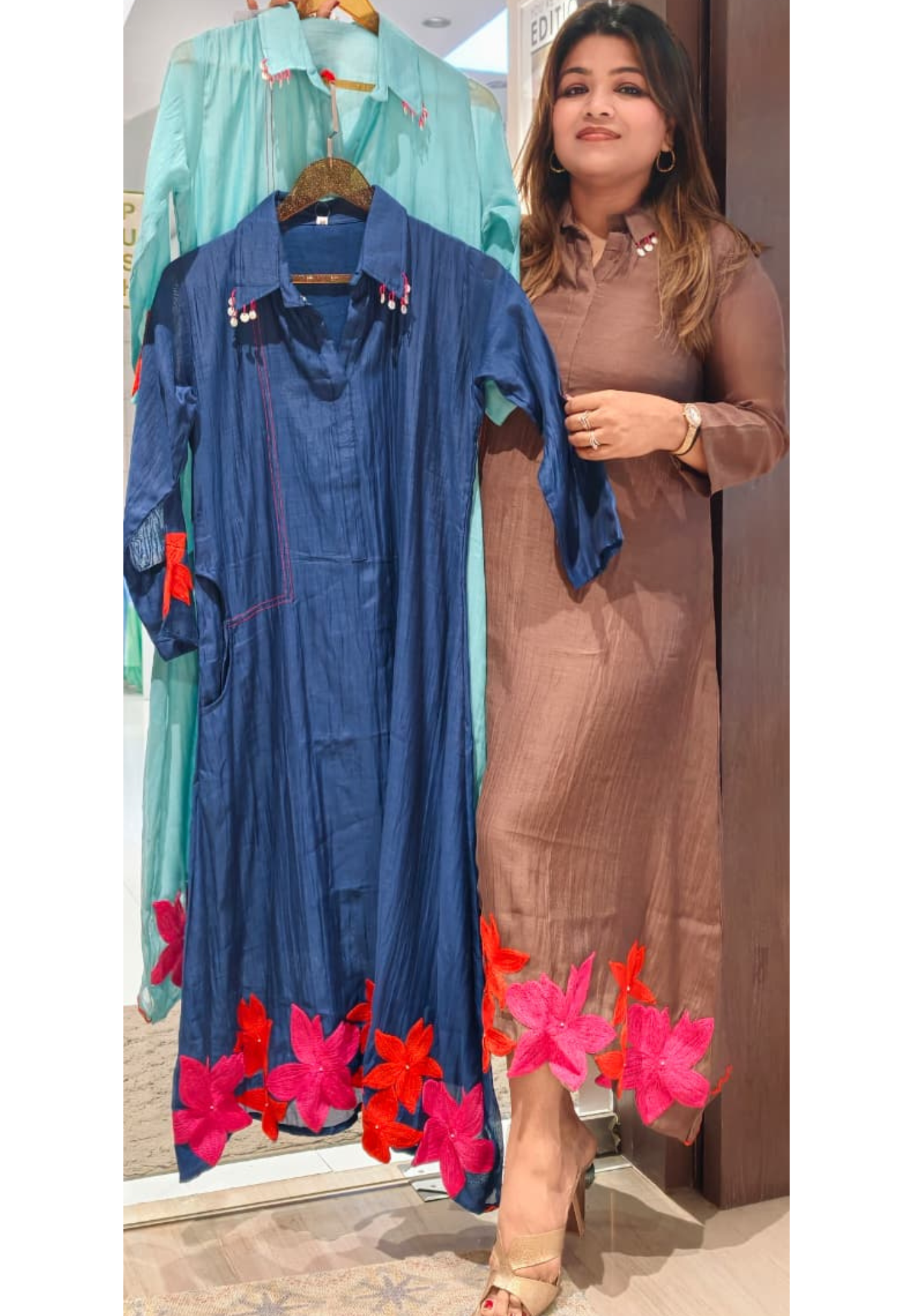 Floral Applique Cut-Work Stylish Collar Mul-Chanderi Frock- 15645 (Slightly Lean Fit)