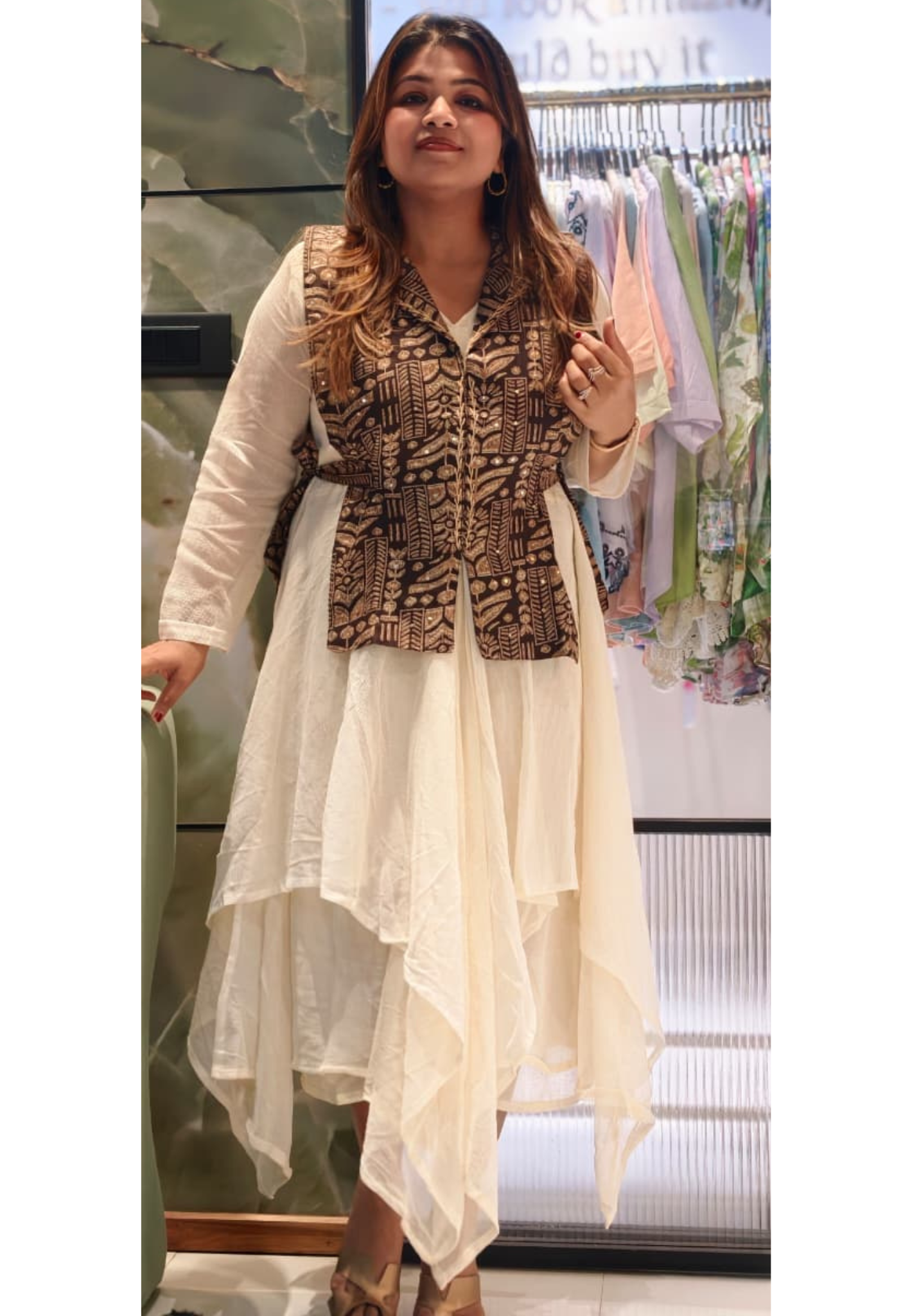 Classy Jute Overlay Tribal Inspired High-Low Casual Frock (Slightly Transy)