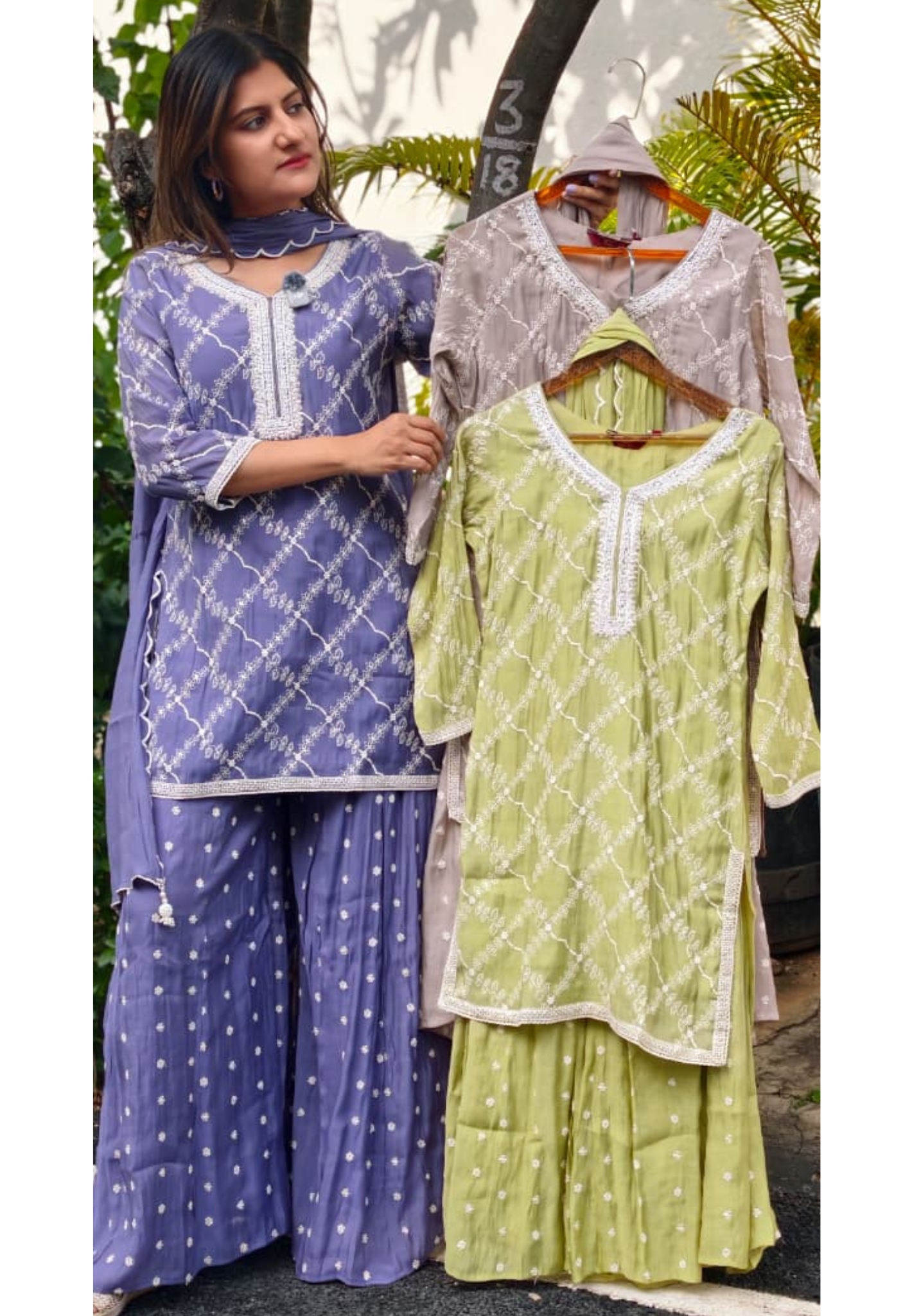 Elegant Cut-Dana Work Assymmetric Embroidered Short Length Kurti With Flared Palazzo Bottom & Dupatta- 15896