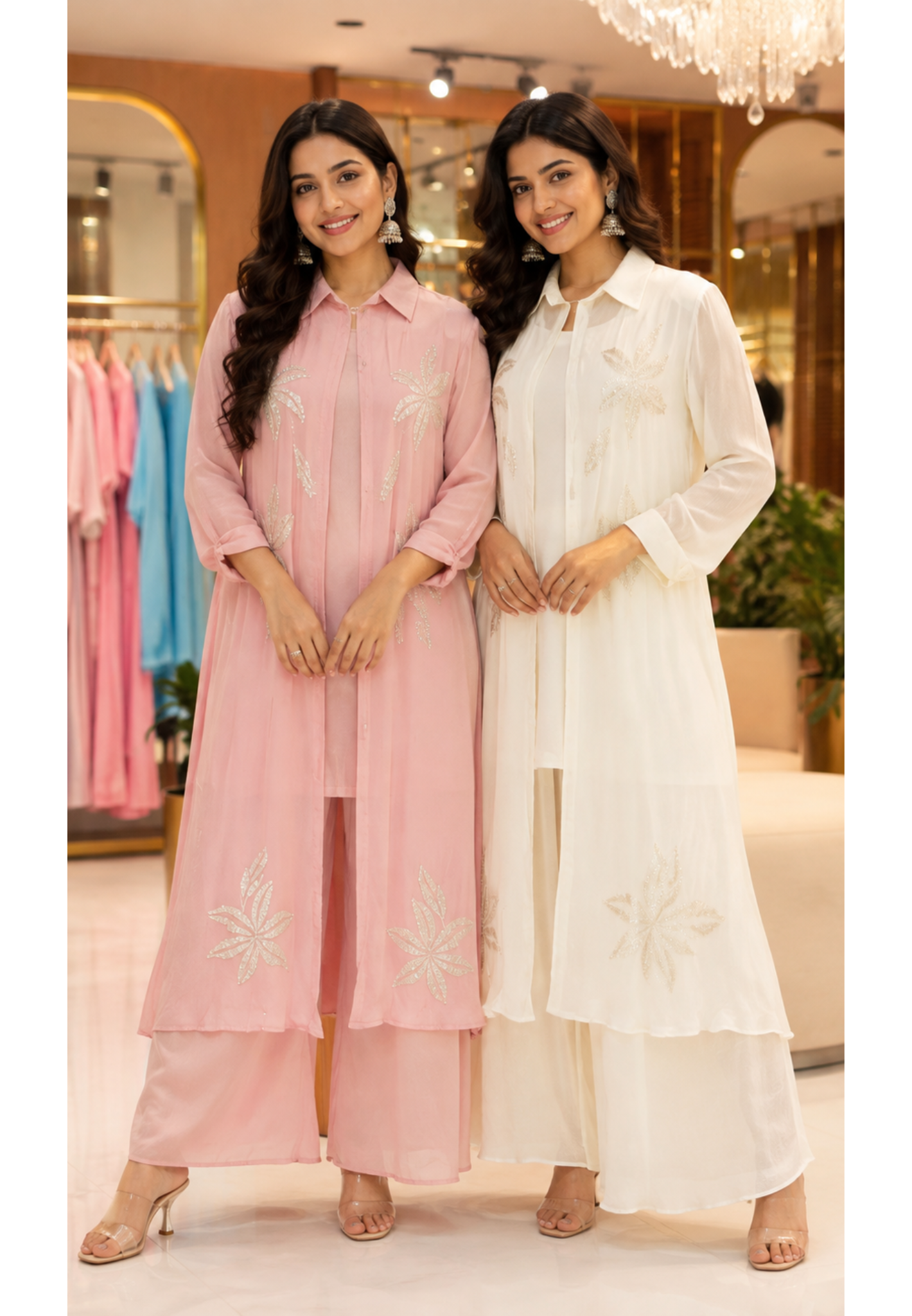 Premium Chinon Fine Cut-Dana Petal Inspired Embroidery Outer Look Indo Co-Ord Set- 15948